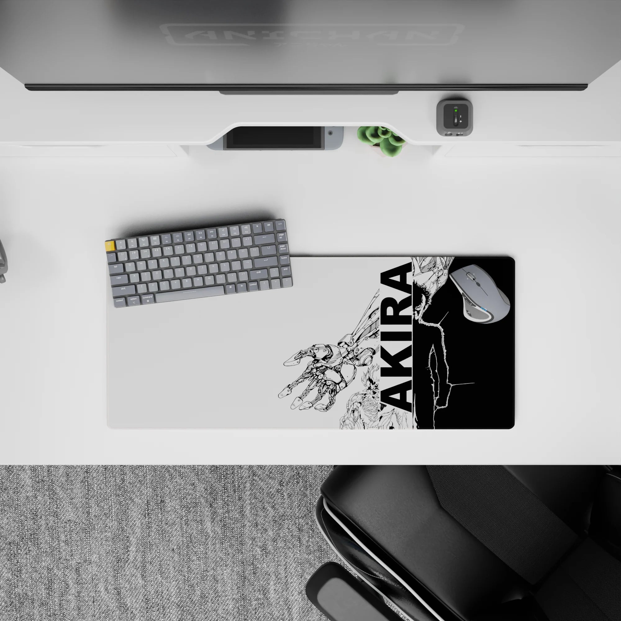 28x12 inches black and white anime mouse pad with gritty sci-fi contrast and clean poster-like look.