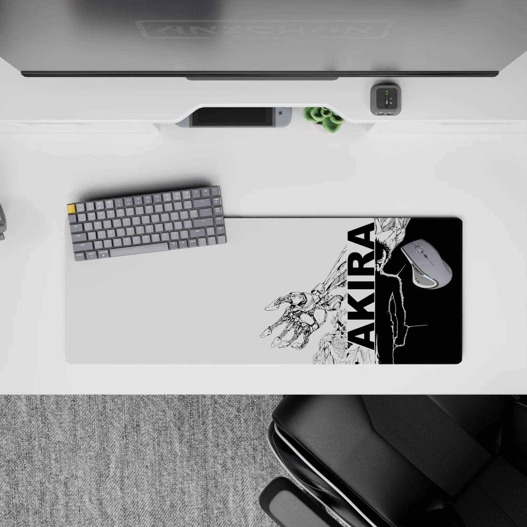 Black and white gritty sci-fi anime mouse pad 32x12 inches with bold contrast and clean poster style.