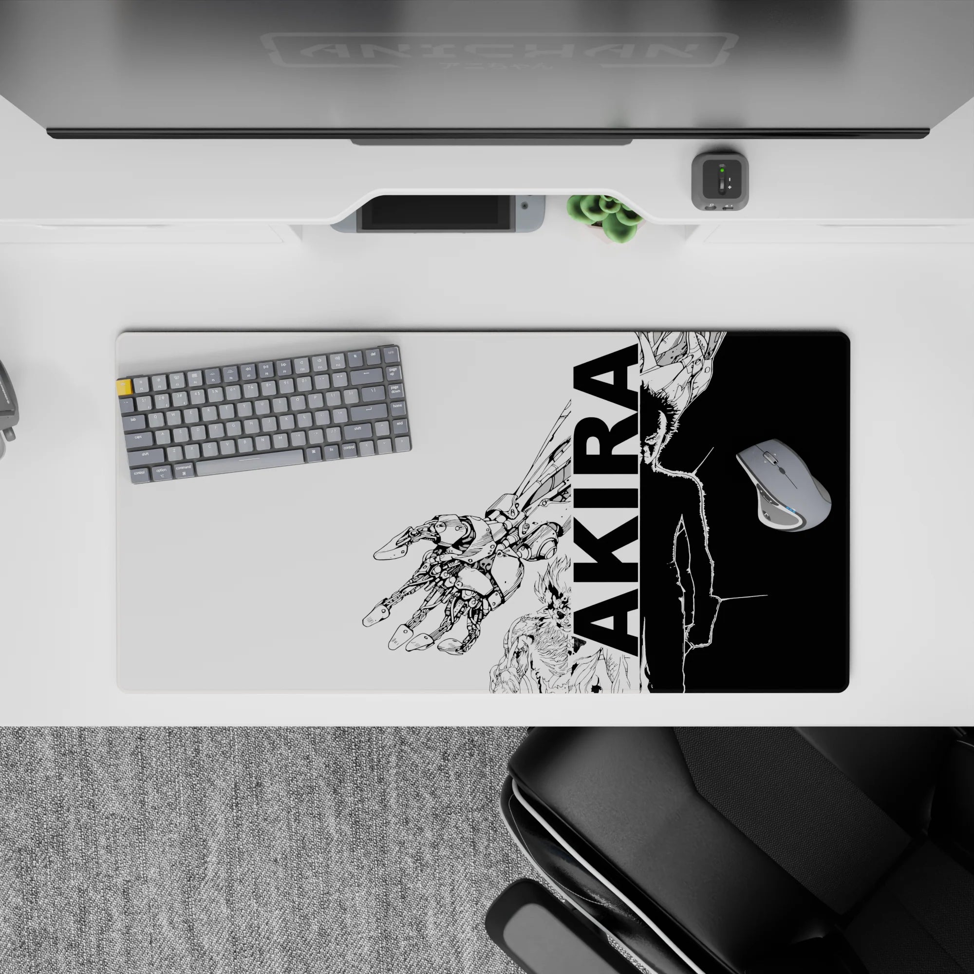 32x16 inches black-and-white sci-fi anime mouse pad with high contrast linework and gritty cyberpunk vibe.