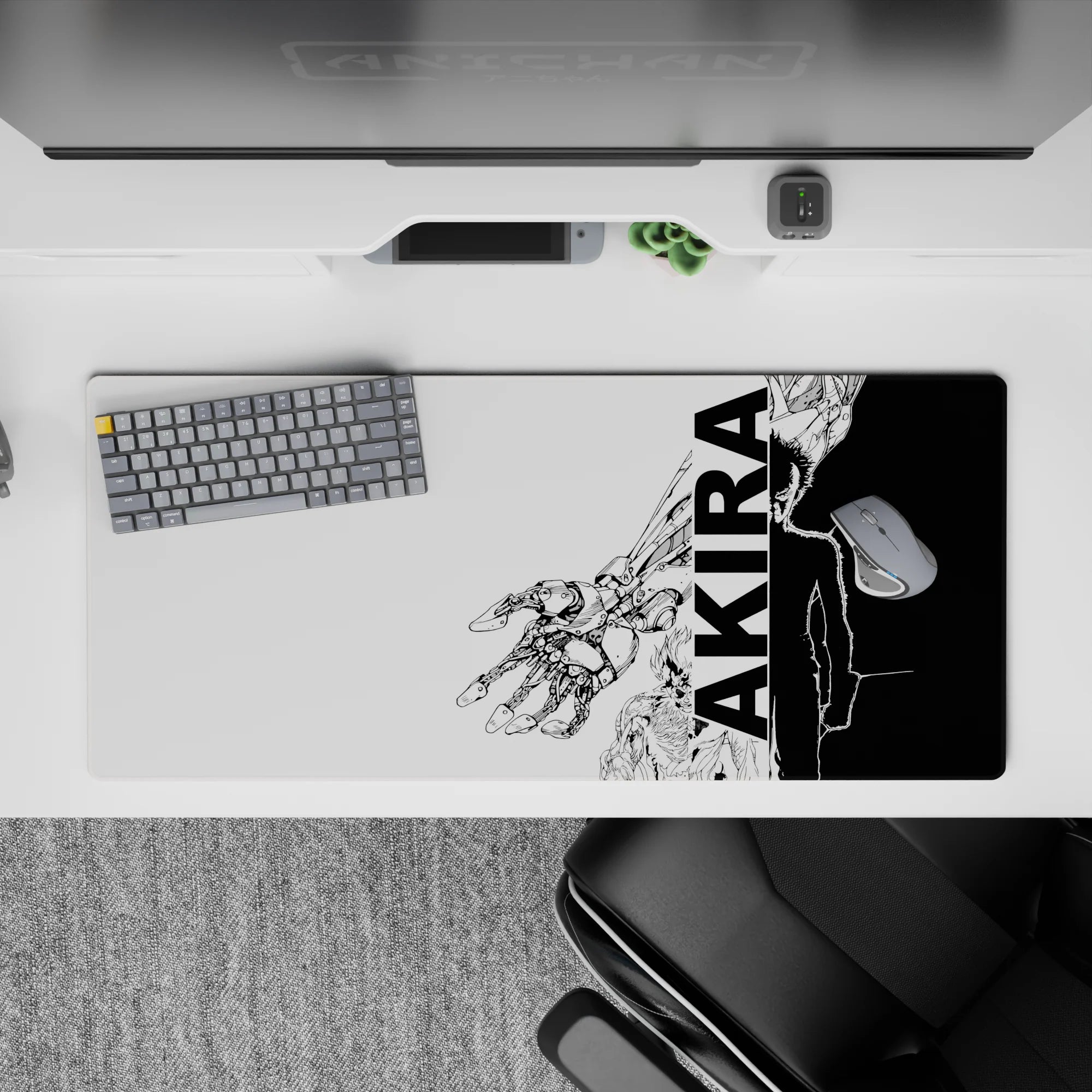 36x16 inches black and white anime desk pad with gritty sci-fi mood, high contrast, clean poster style.