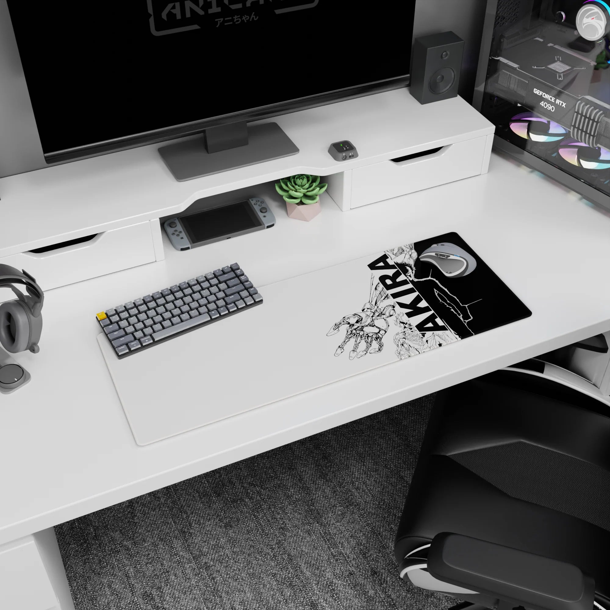 Towering anime figure and wired robotic hand reaching into space on mouse pad 32x12 inches.