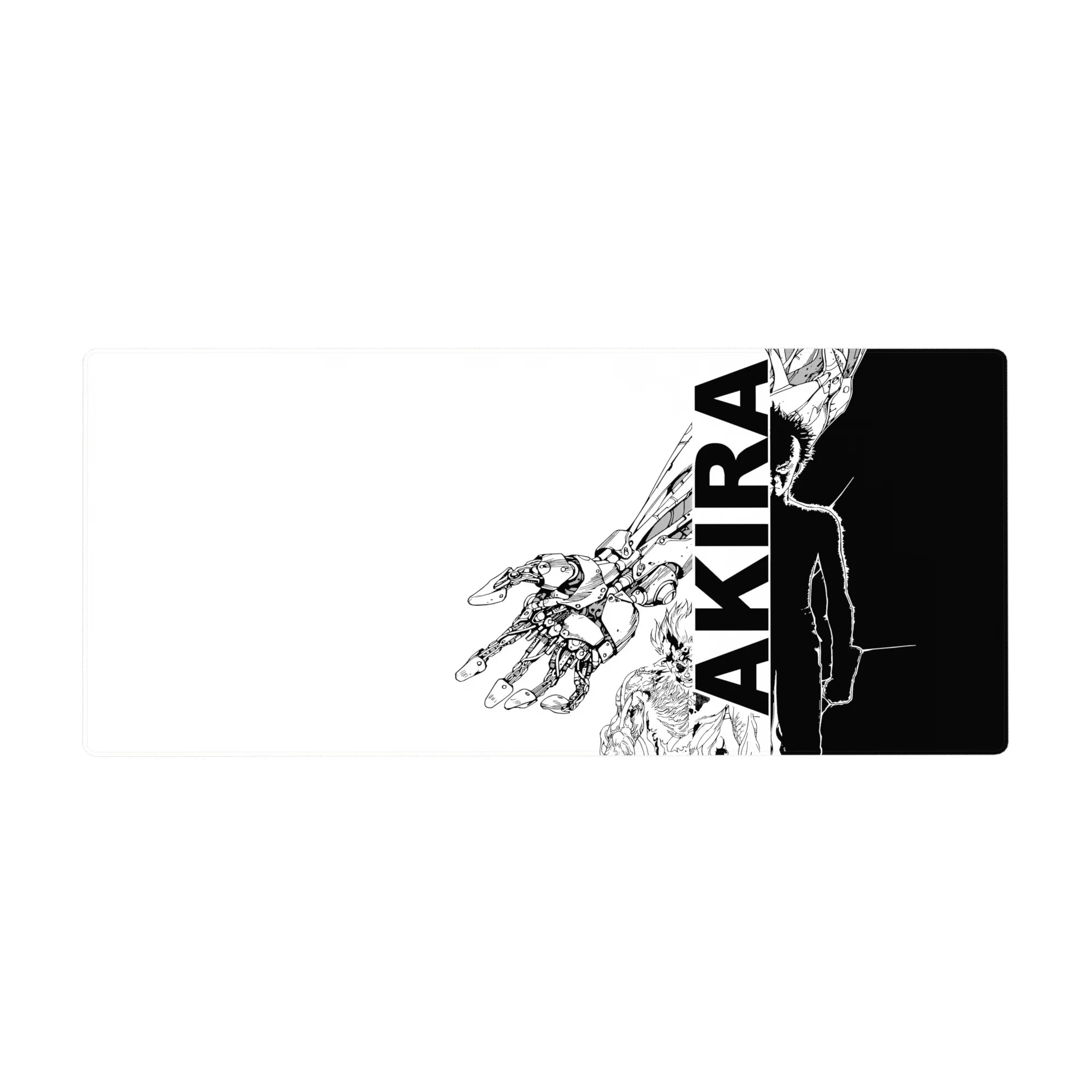36x16 inches anime desk pad with bold AKIRA vertical text, silhouette, and cybernetic hand line art.