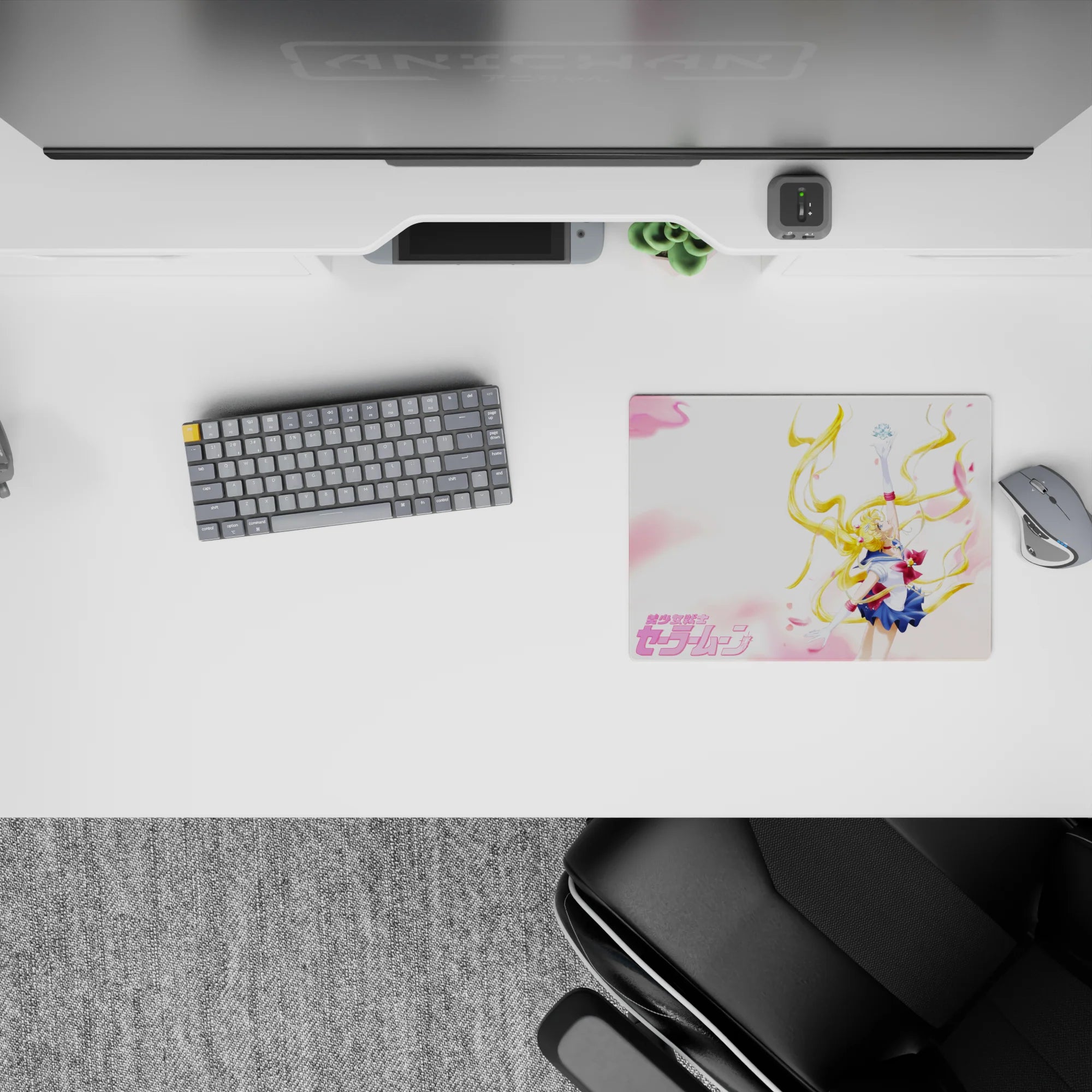 Dreamy pastel anime mouse pad 14x10 inches in pink skies, navy white red accents, clean negative space.