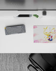 Dreamy pastel anime mouse pad 14x10 inches in pink skies, navy white red accents, clean negative space.