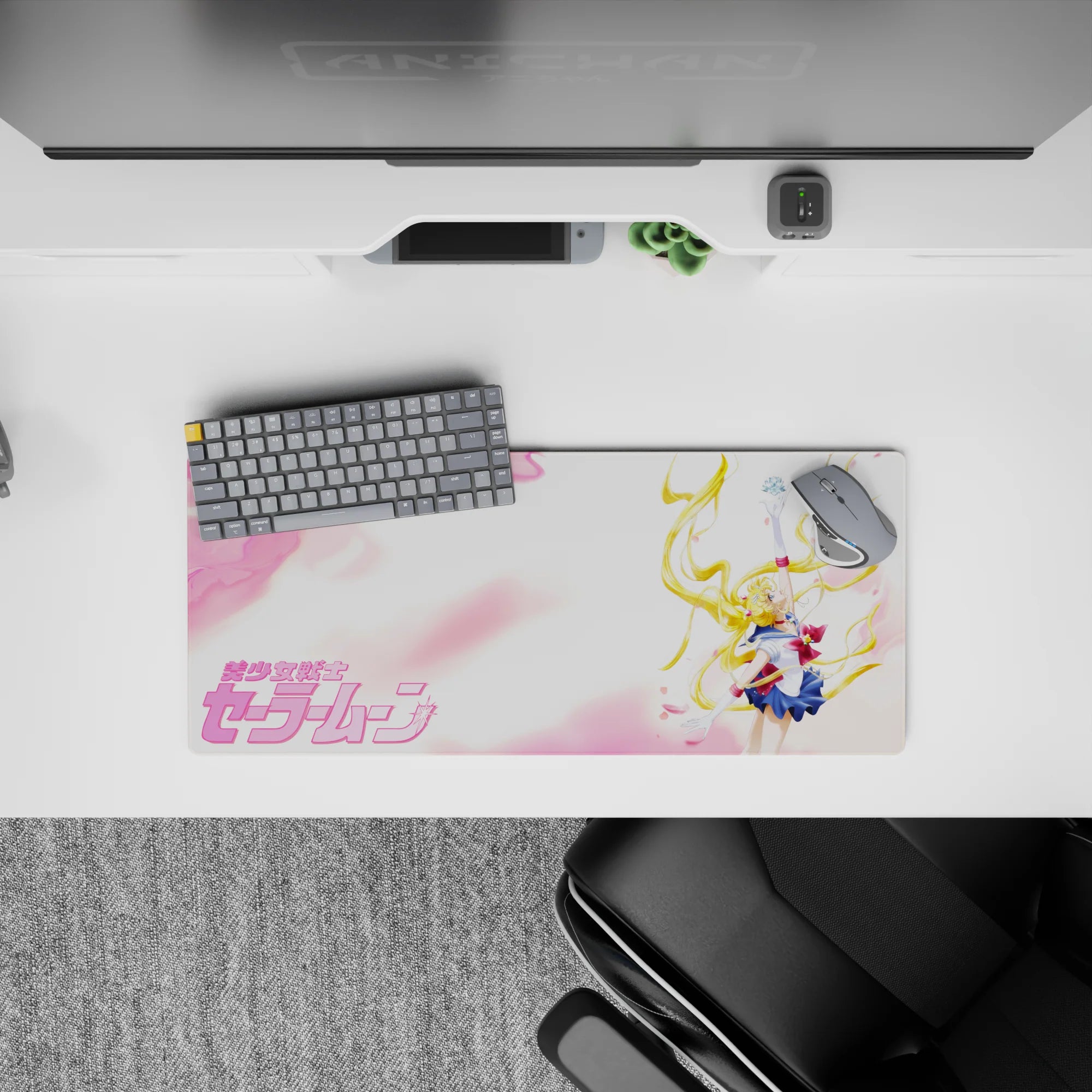 28x12 inches anime desk mouse pad in soft pink cotton-candy clouds, airy negative space, bright navy and red accents.