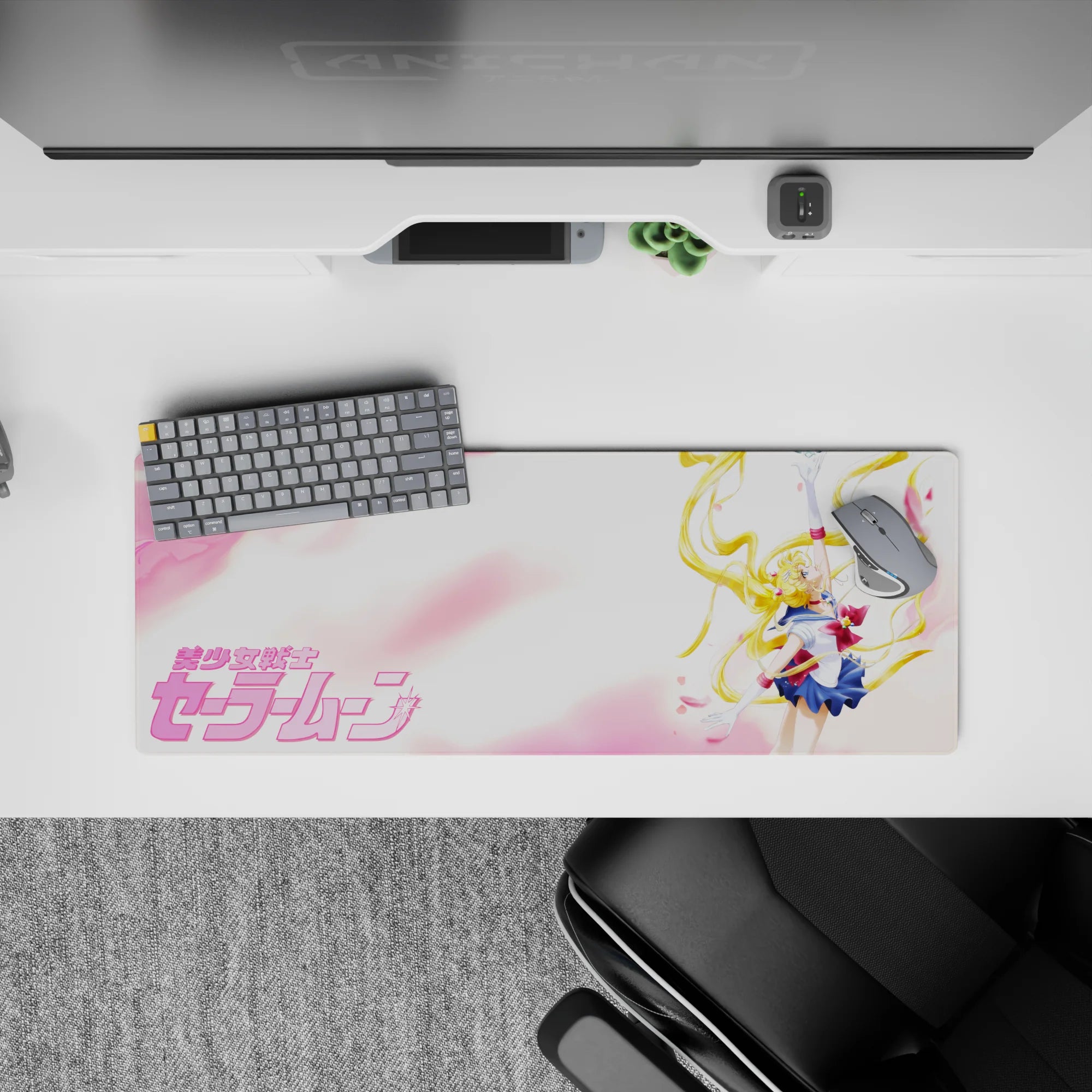 32x12 inches desk mouse pad in dreamy pastel pink clouds, navy and white sailor outfit, clean negative space.
