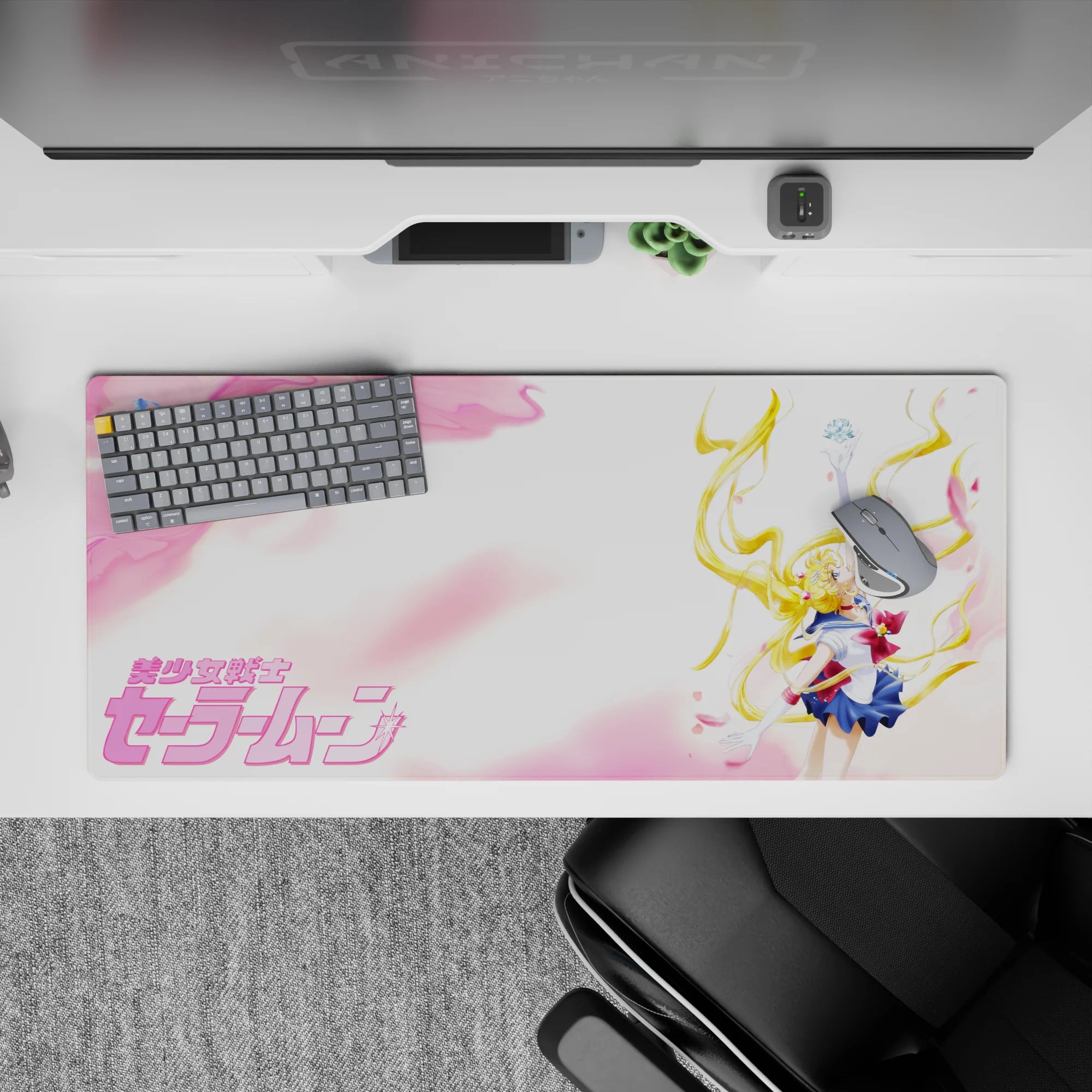 36x16 inches kawaii anime desk pad in pastel pink skies with airy negative space and glossy gold hair accents.