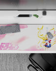 36x16 inches kawaii anime desk pad in pastel pink skies with airy negative space and glossy gold hair accents.