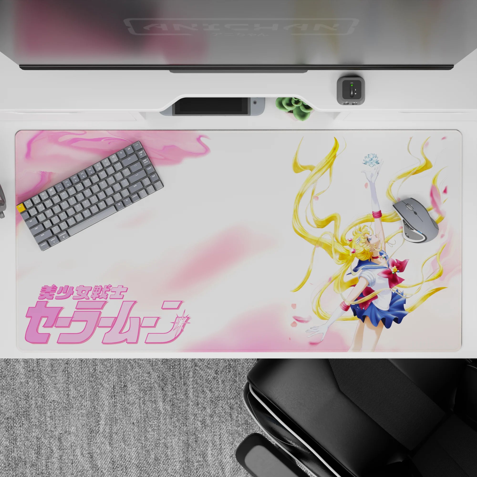 Dreamy pink cloud anime desk pad 40x20 inches with glossy gold hair, navy, white, and red accents.