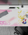 Dreamy pink cloud anime desk pad 40x20 inches with glossy gold hair, navy, white, and red accents.