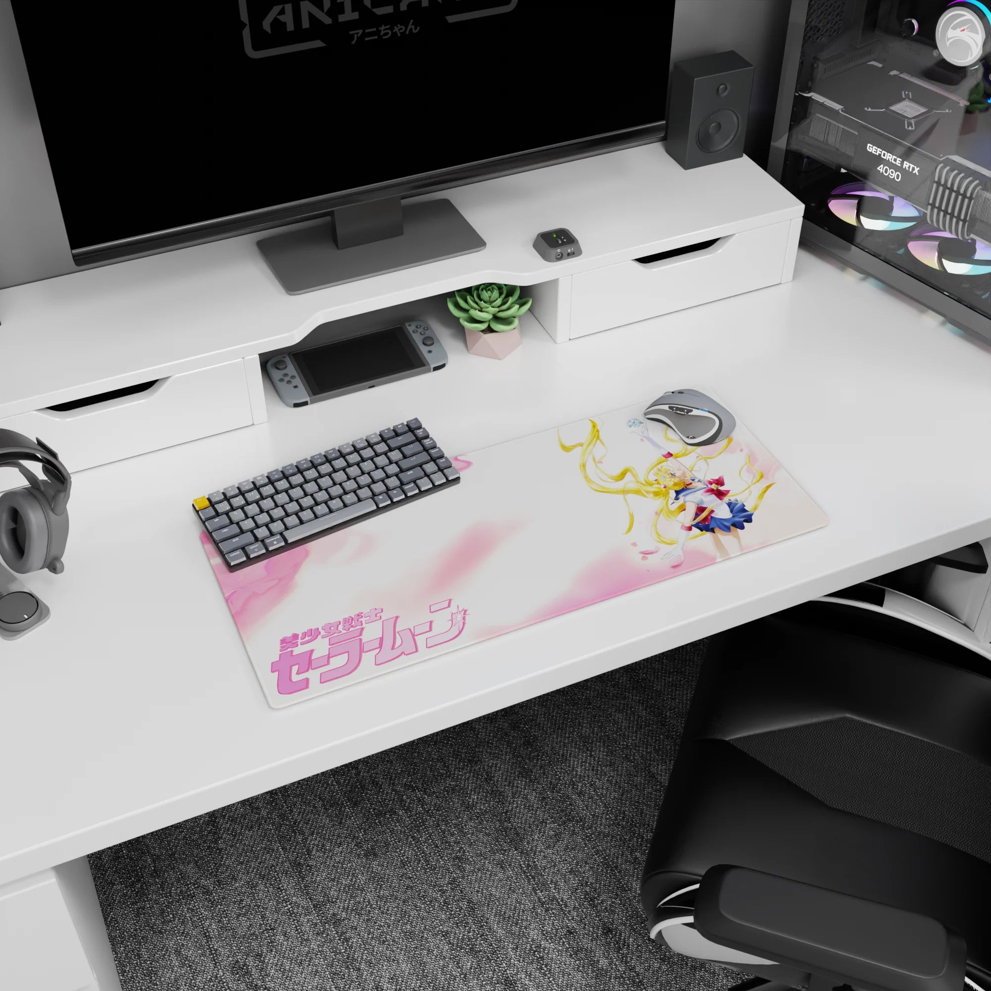 28x12 inches Sailor Moon mouse pad with golden twin tails raised high as petals float through pink skies.