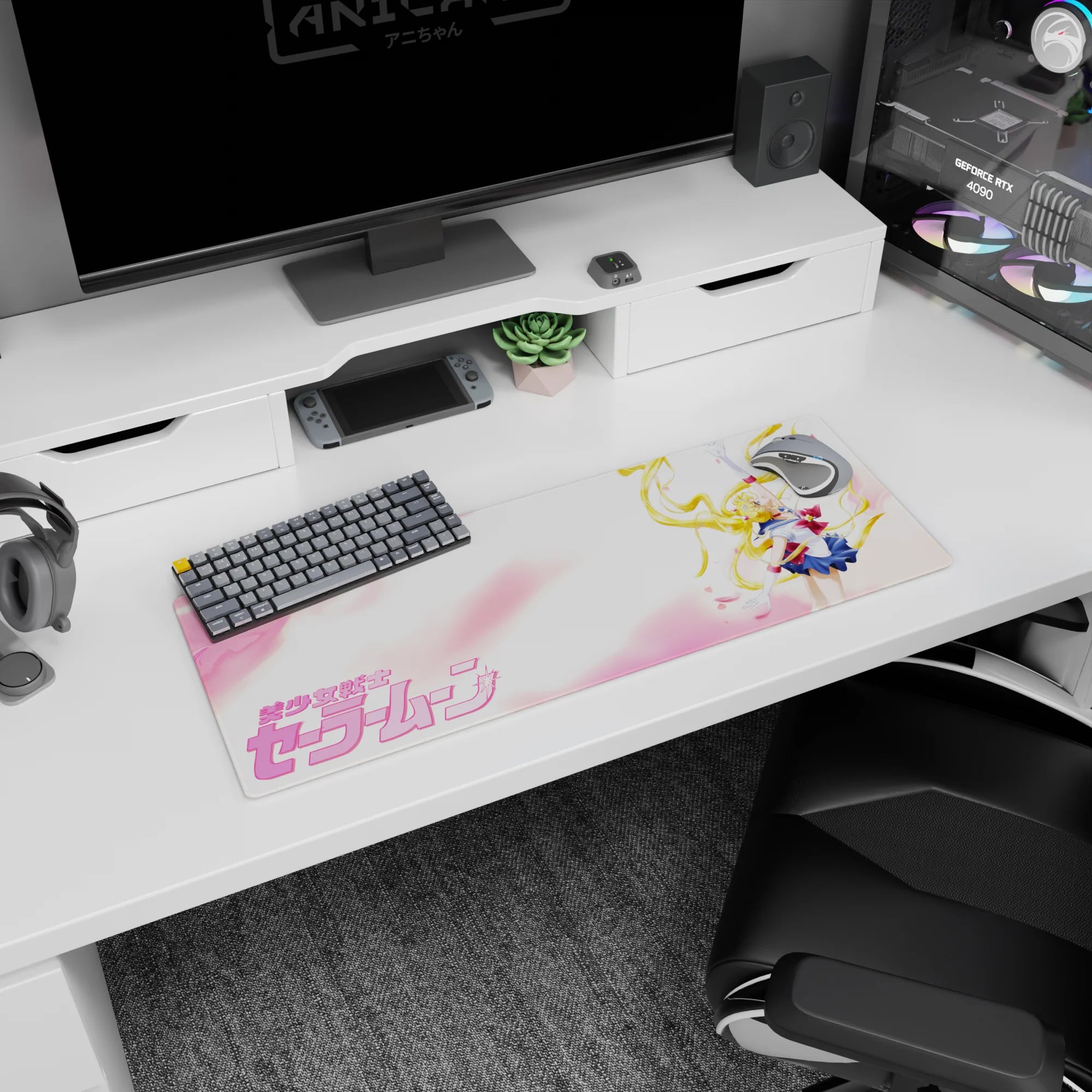 32x12 inches Sailor Moon mouse pad with golden twin tails, red bow, arm raised as petals float by.