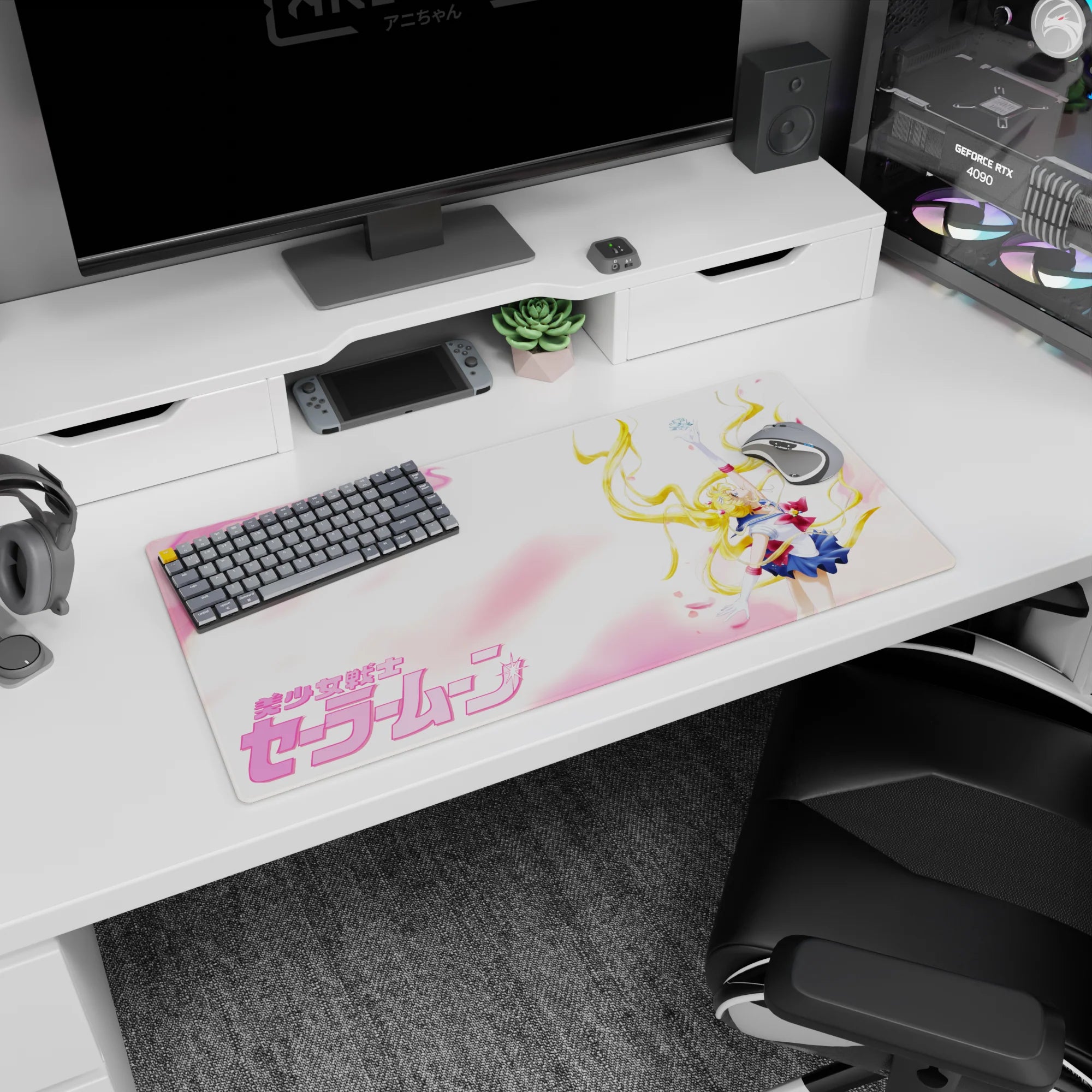 32x16 inches Sailor Moon mouse pad, arm raised in victory as petals drift by, golden twin tails shining.