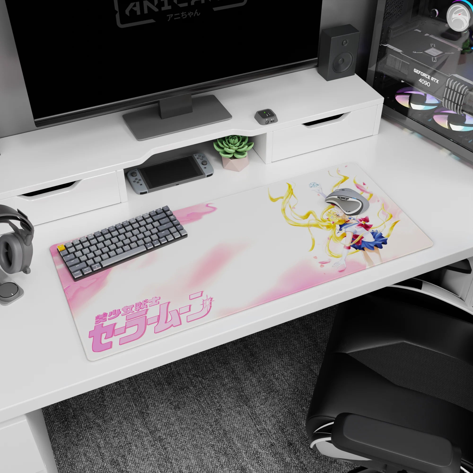 36x16 inches Sailor Moon desk pad, arm raised as petals drift by, red bow and navy pleats against cotton-candy clouds.