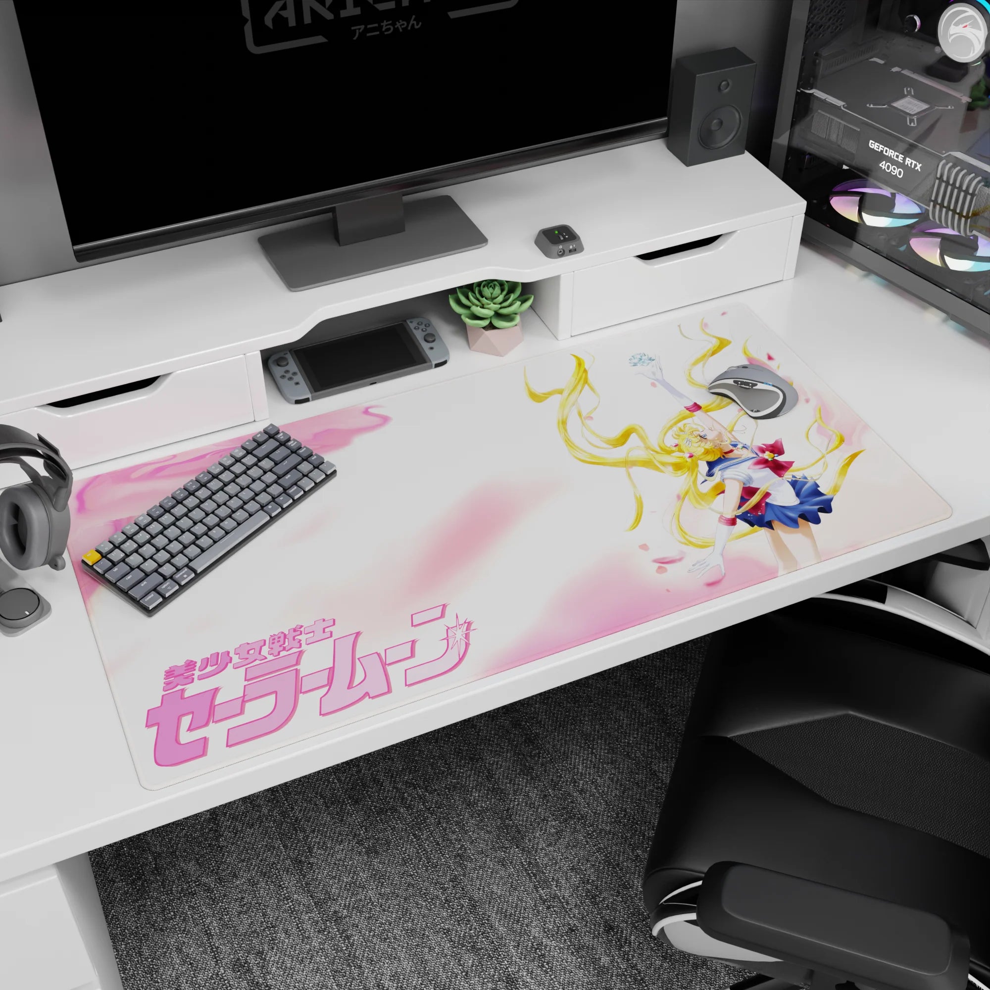Sailor Moon anime desk pad 40x20 inches, arm raised in victory amid drifting petals and pastel skies.