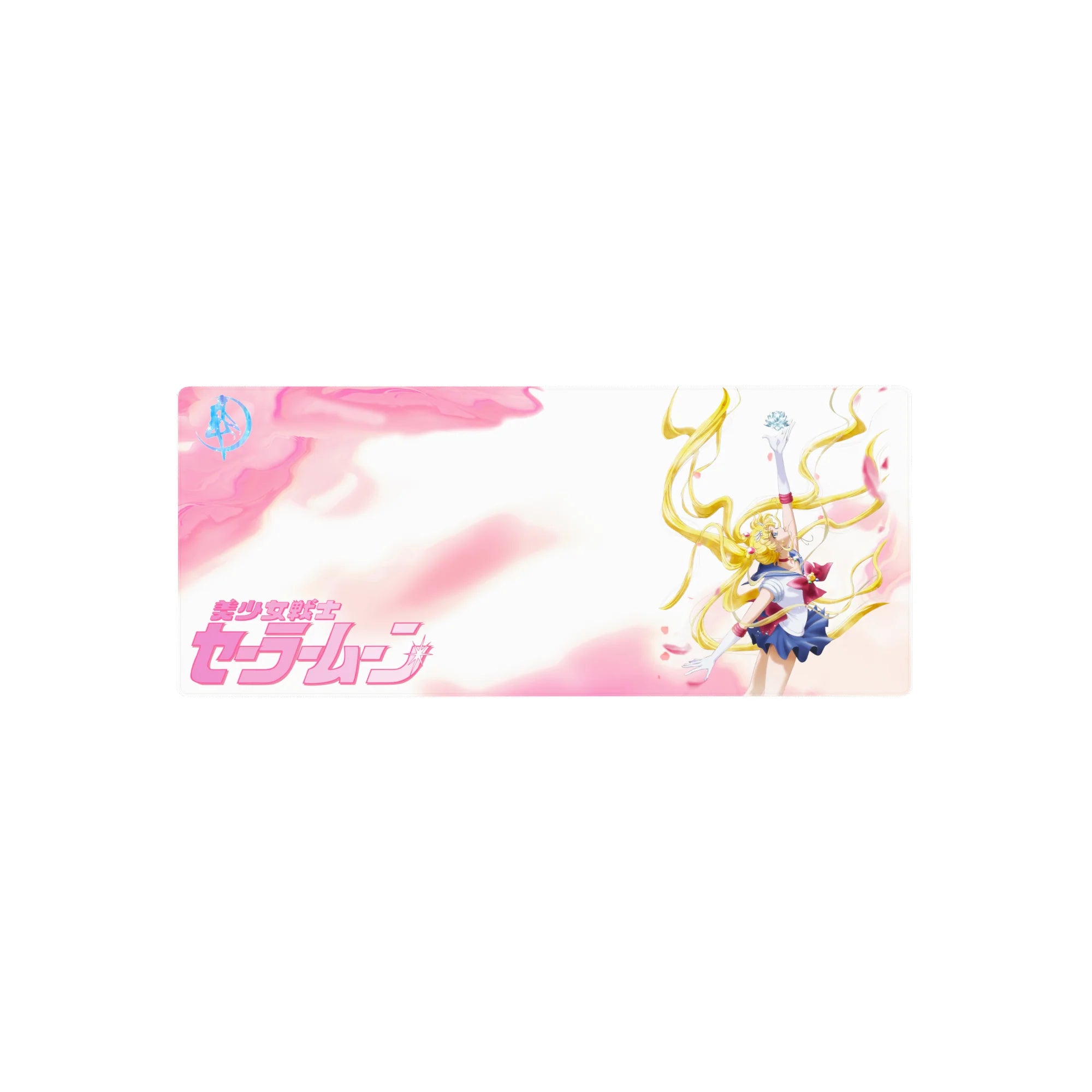 28x12 inches anime girl mouse pad with Sailor Moon in victory pose, sailor outfit, and drifting petals.