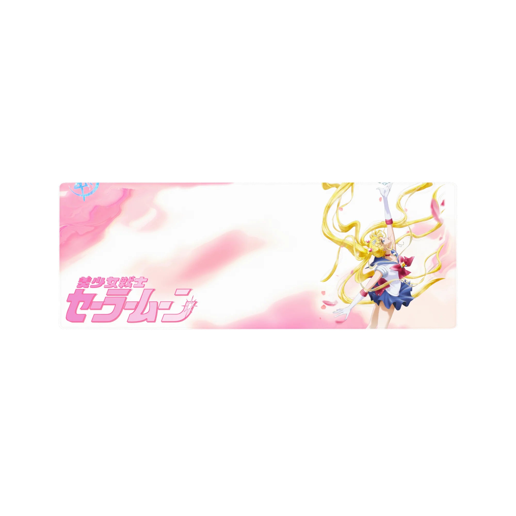 32x12 inches anime girl mouse pad with Sailor Moon in victory pose, petals drifting, airy pink sky background.