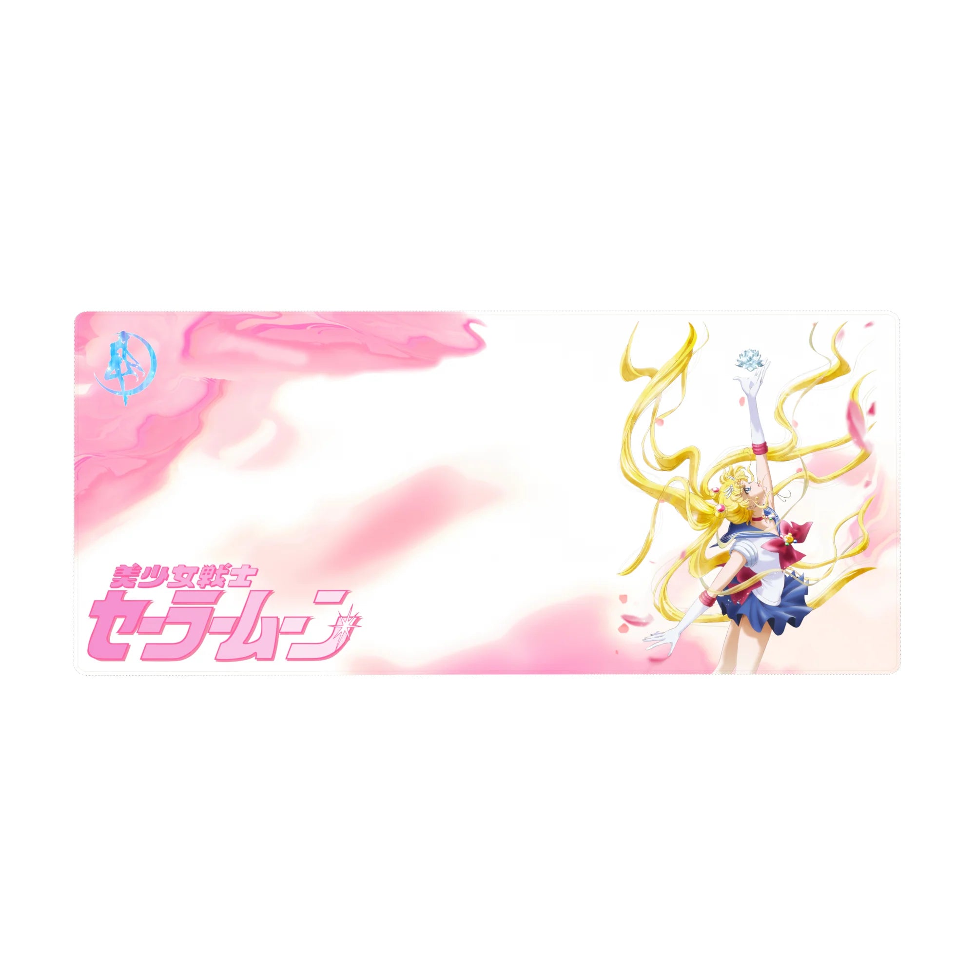 36x16 inches anime girl desk pad with Sailor Moon victory pose, twin tails, sailor outfit, pink cloud background.