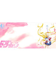 36x16 inches anime girl desk pad with Sailor Moon victory pose, twin tails, sailor outfit, pink cloud background.