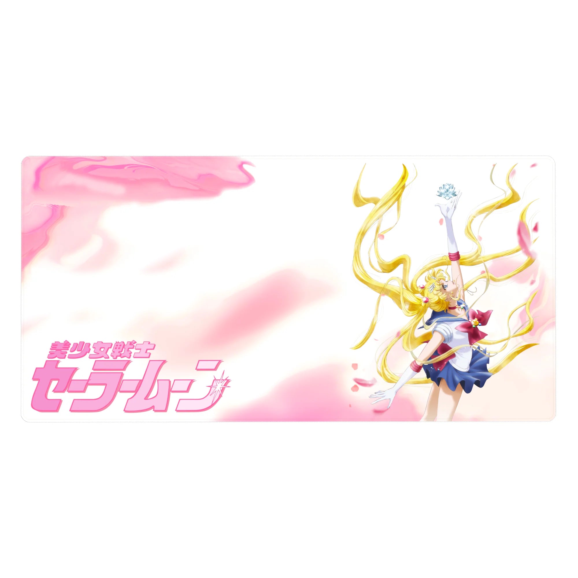 Anime girl desk pad 40x20 inches with sailor outfit, twin tails, victory pose, petals, airy sky.
