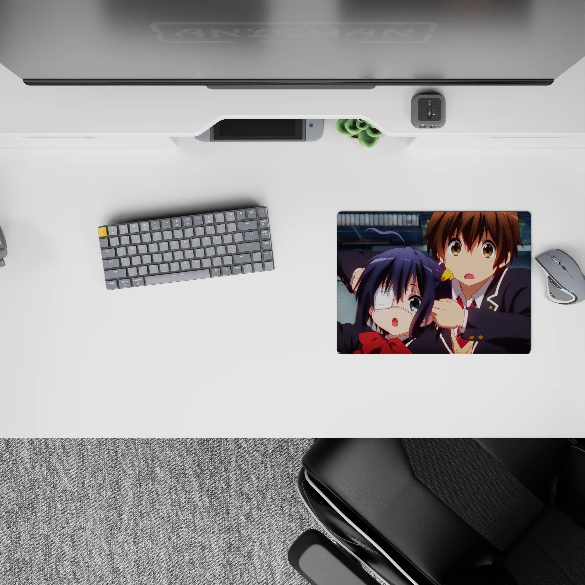 Bright, sweet-chaos anime mouse pad 14x10 inches in vivid color with soft shading and cozy school vibe.