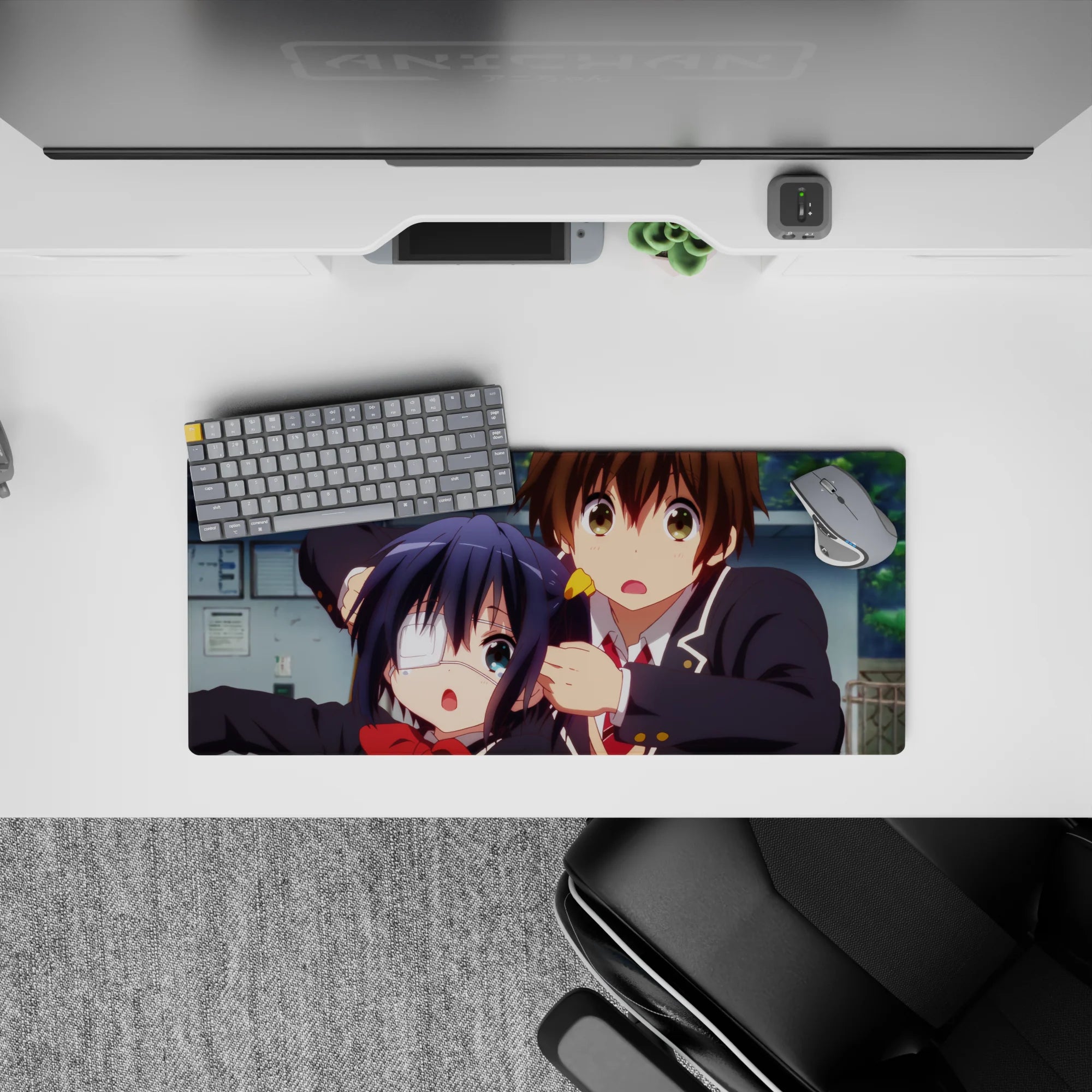 28x12 inches anime mouse pad in bright colors and sweet chaos, soft shading, cozy school vibe.