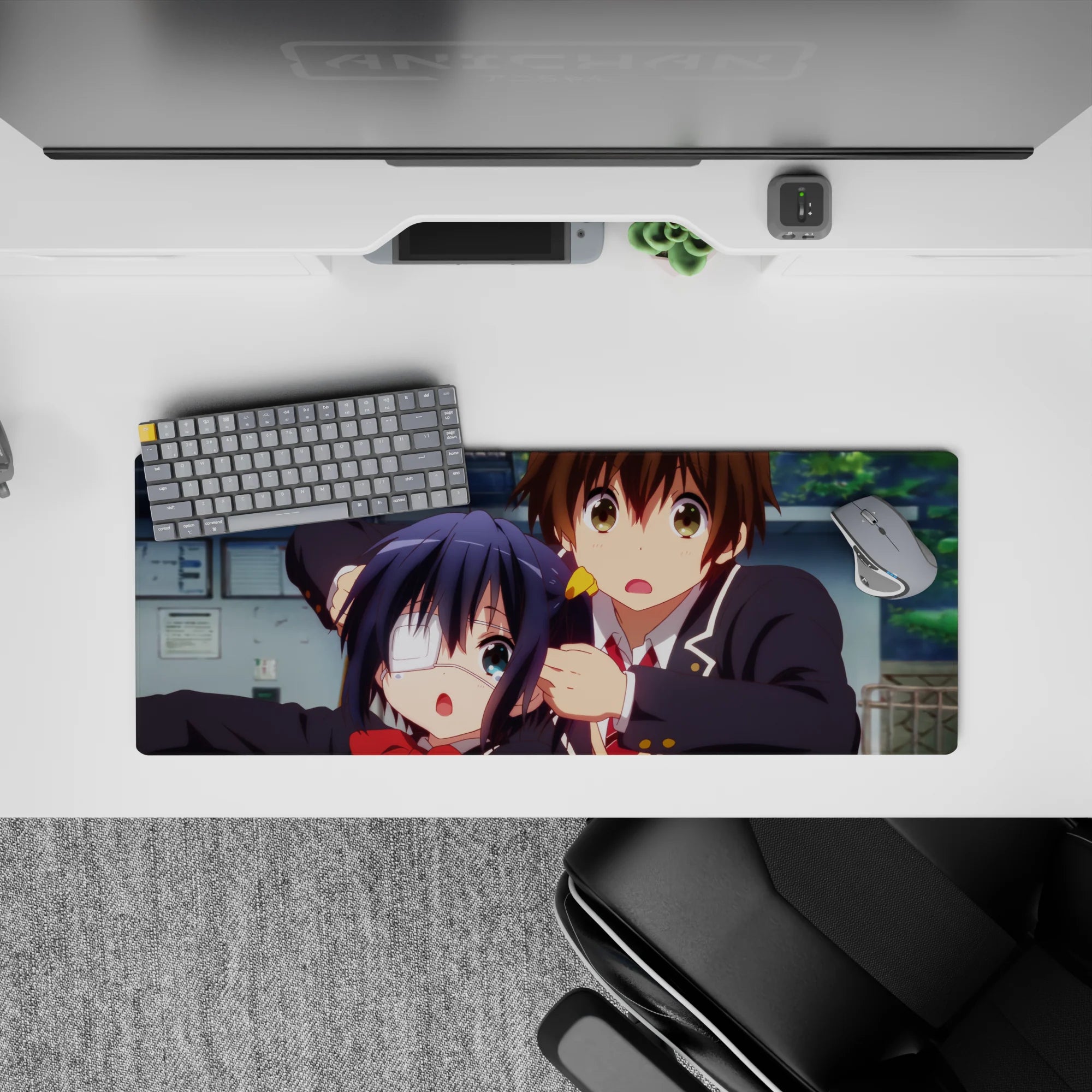 32x12 inches anime mouse pad in bright colors and sweet chaos, clean lines, soft shading, lively desk vibe.