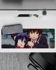 32x12 inches anime mouse pad in bright colors and sweet chaos, clean lines, soft shading, lively desk vibe.