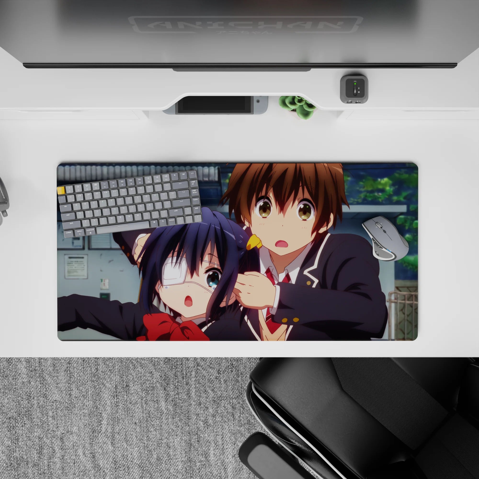 32x16 inches anime mouse pad in bright colors and sweet chaos, clean lines, soft shading, playful mood.
