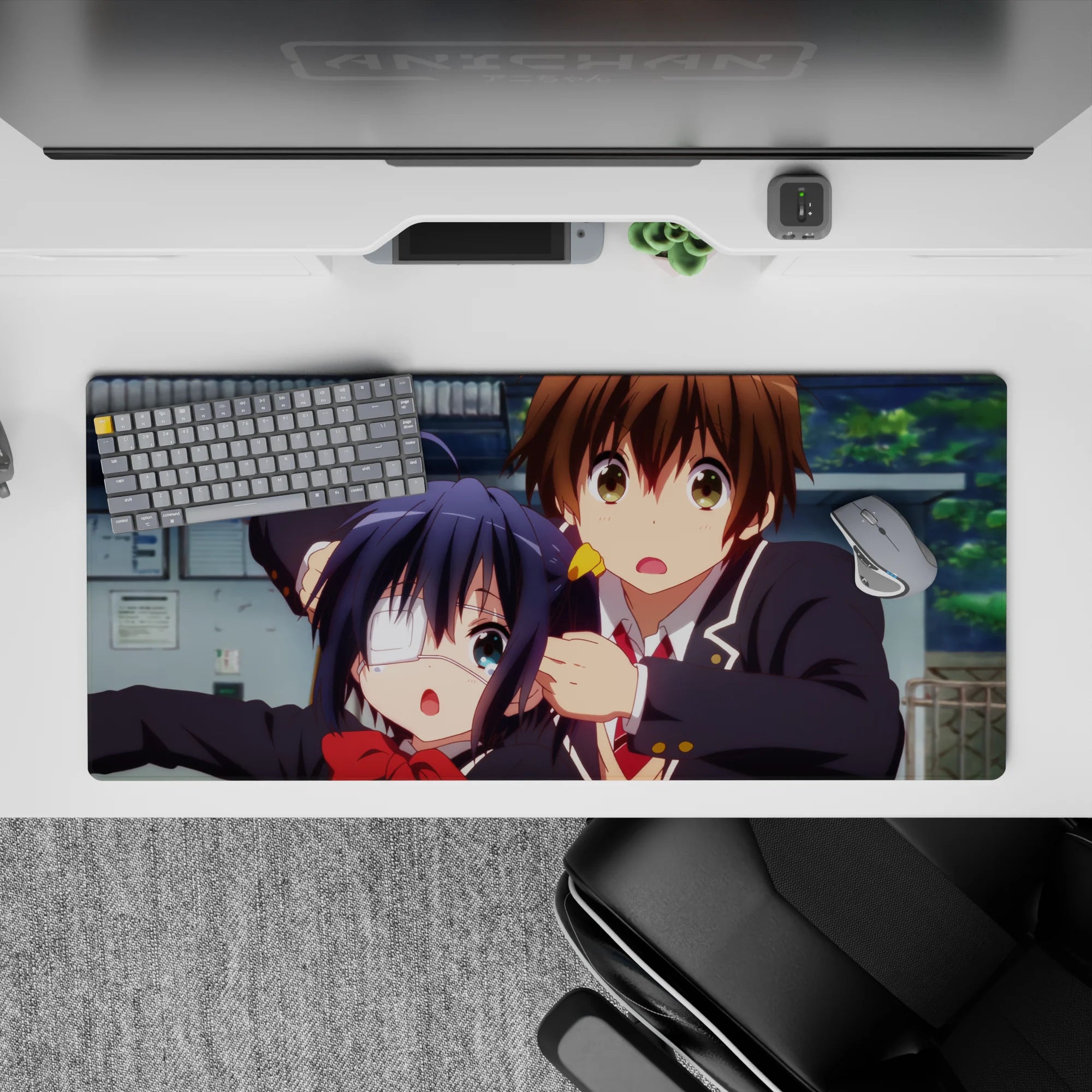 Bright, sweet chaos in black uniforms and red accents desk pad 36x16 inches, clean lines and cozy vibe.