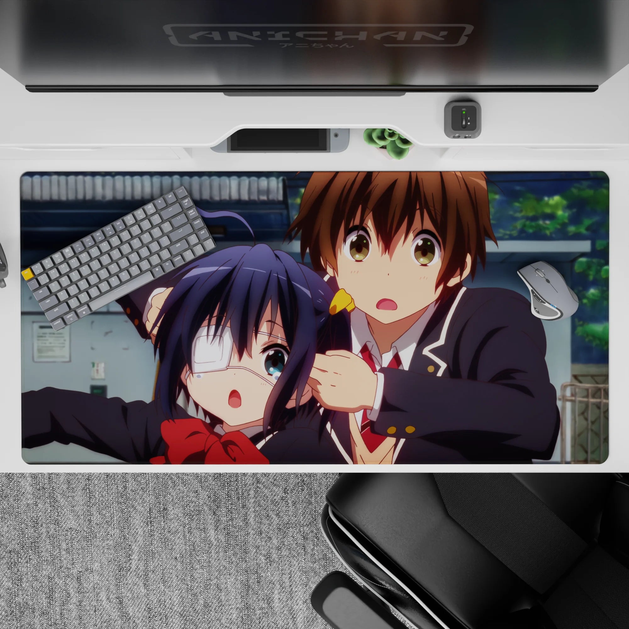 40x20 inches anime desk pad in bright colors, red bow pop, soft shading, sweet chaotic energy.