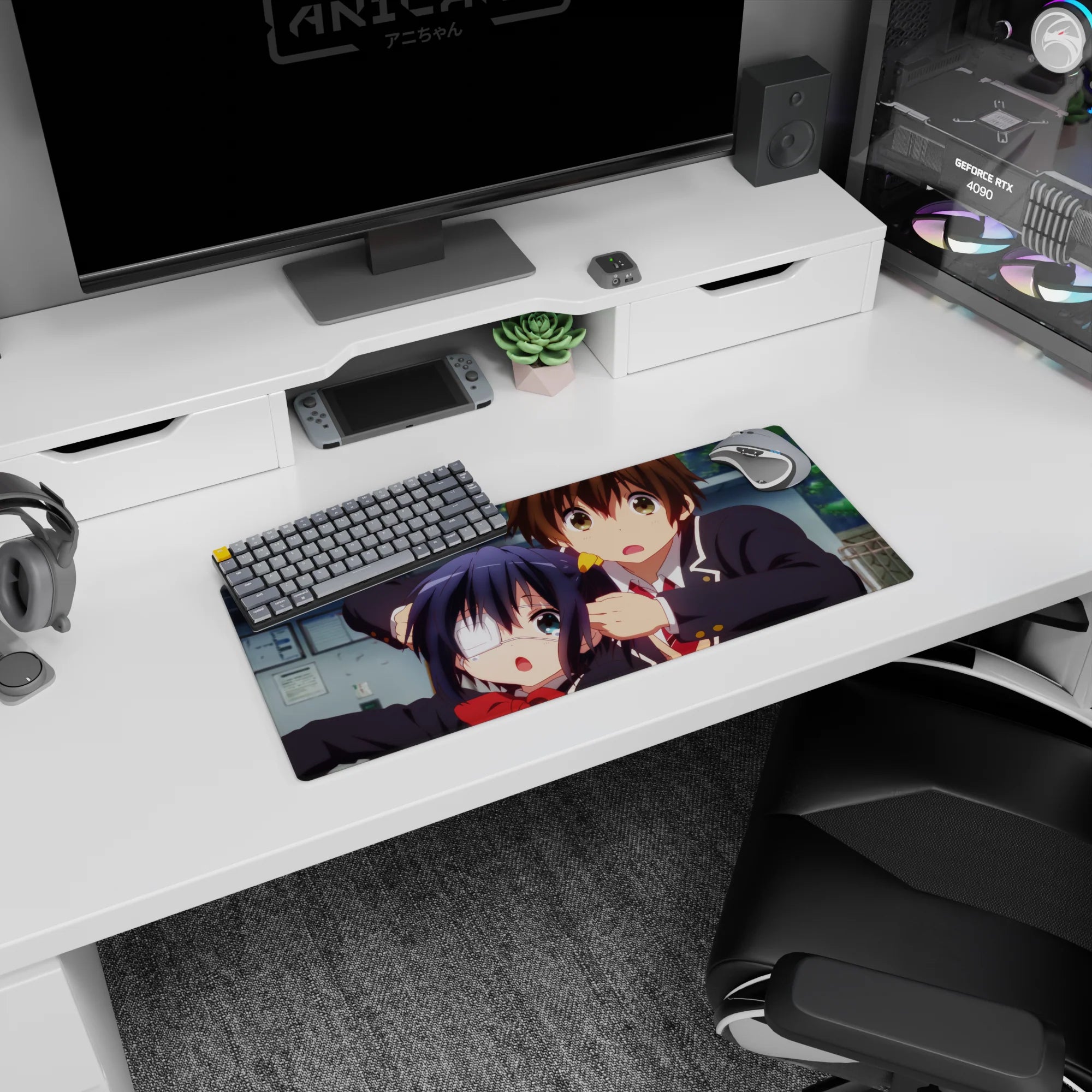 28x12 inches anime mouse pad showing eyepatch twin-tail girl and surprised boy in a schoolyard rush.