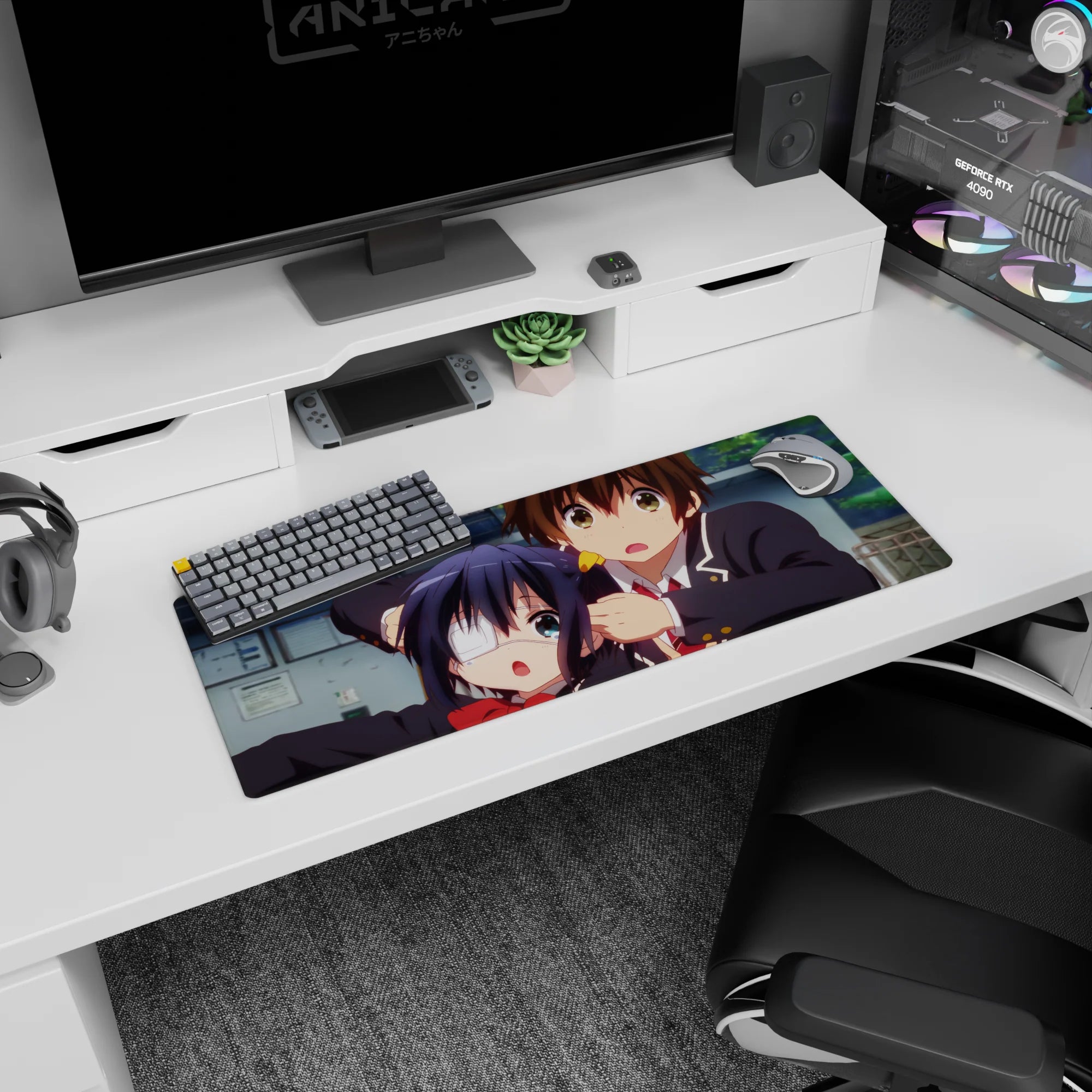 32x12 inches anime mouse pad showing eyepatch twin-tail girl and surprised boy rushing in a schoolyard moment.