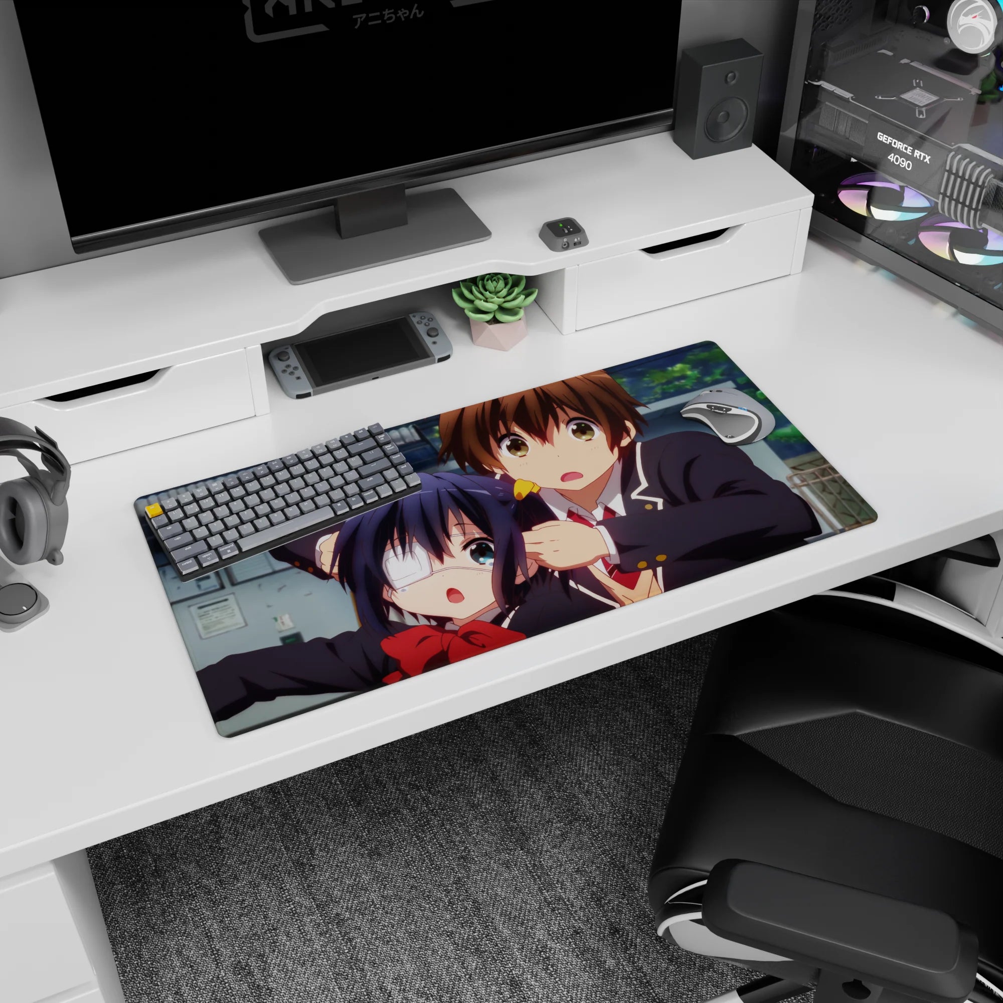 32x16 inches anime mouse pad showing surprised boy and eyepatch girl with twin tails in a schoolyard rush.