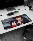 32x16 inches anime mouse pad showing surprised boy and eyepatch girl with twin tails in a schoolyard rush.