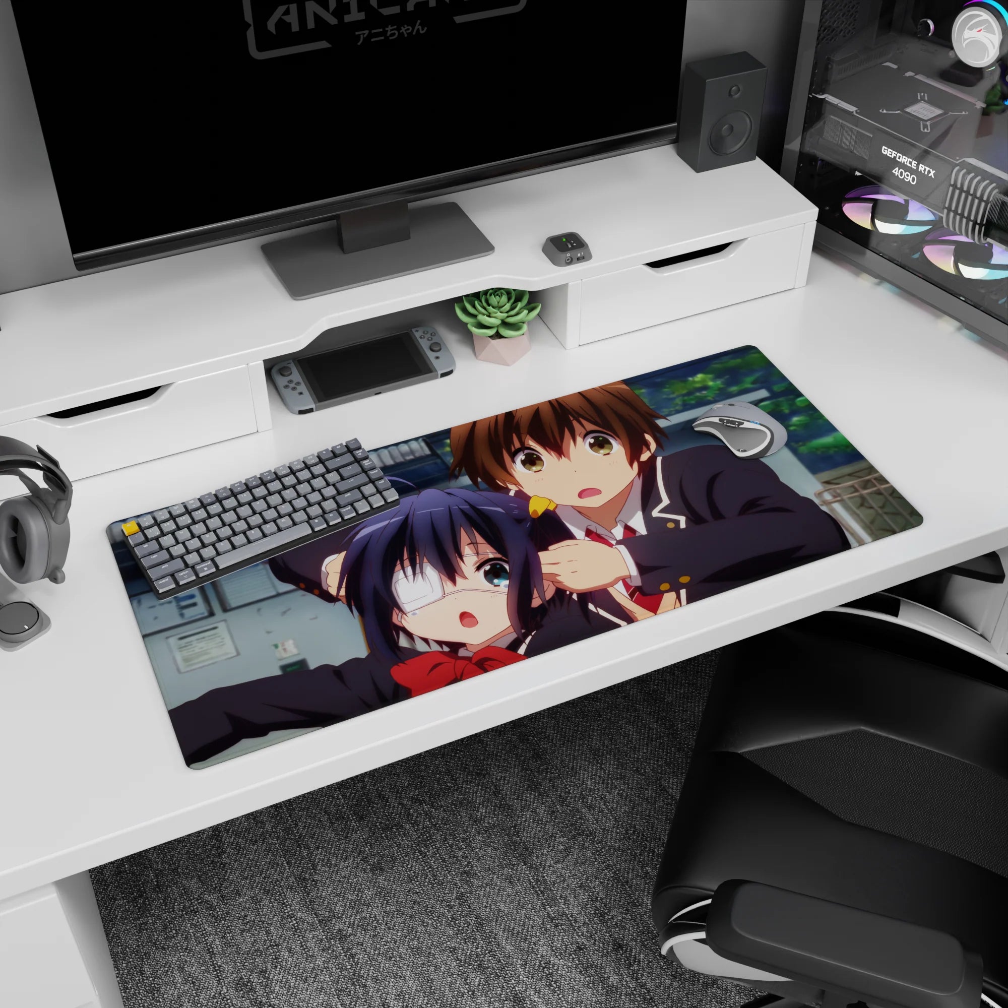 Eyepatch girl with twin tails and boy with green eyes in a split-second schoolyard scene desk pad 36x16 inches.