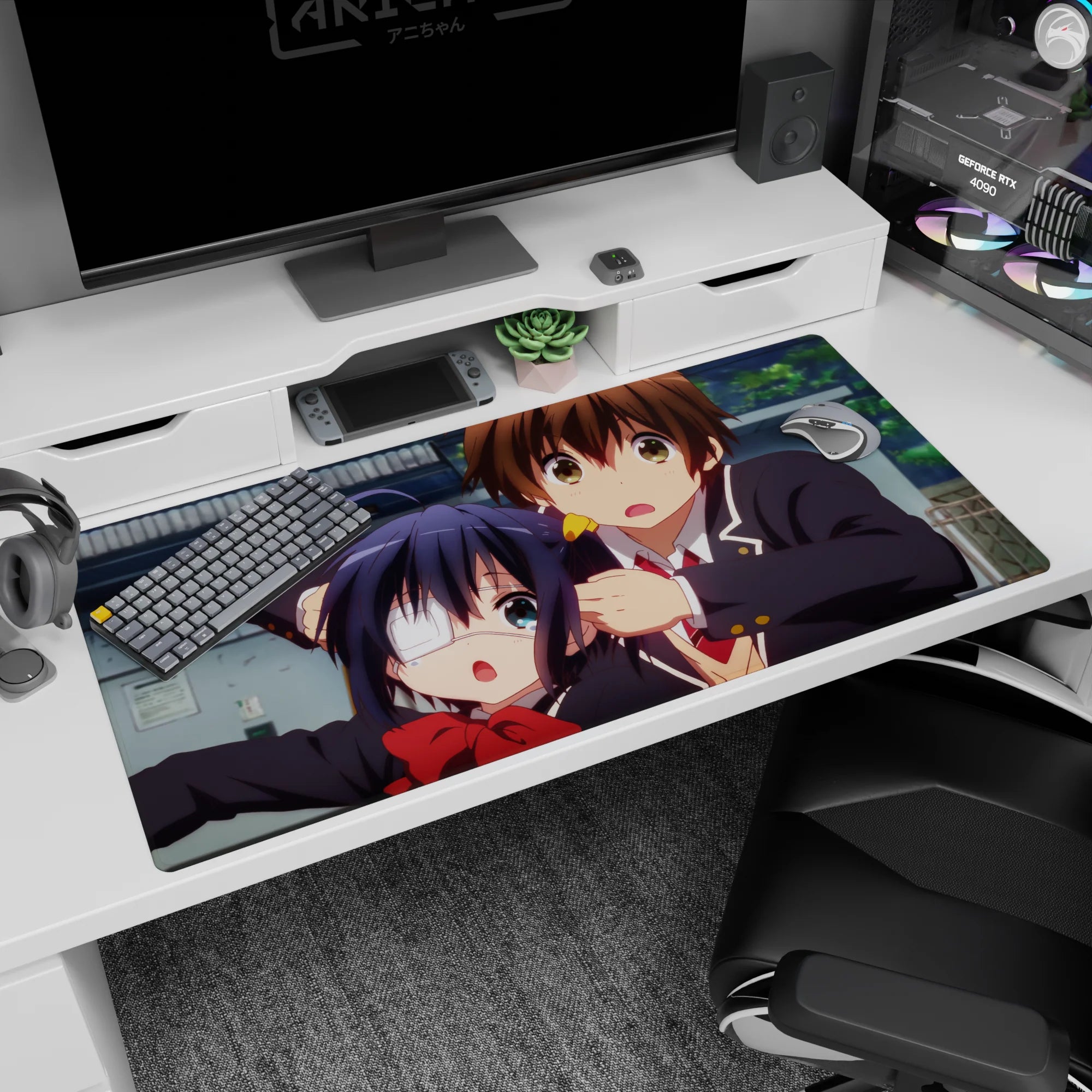 40x20 inches anime desk pad showing eyepatch girl with twin tails and boy with green eyes, surprised.
