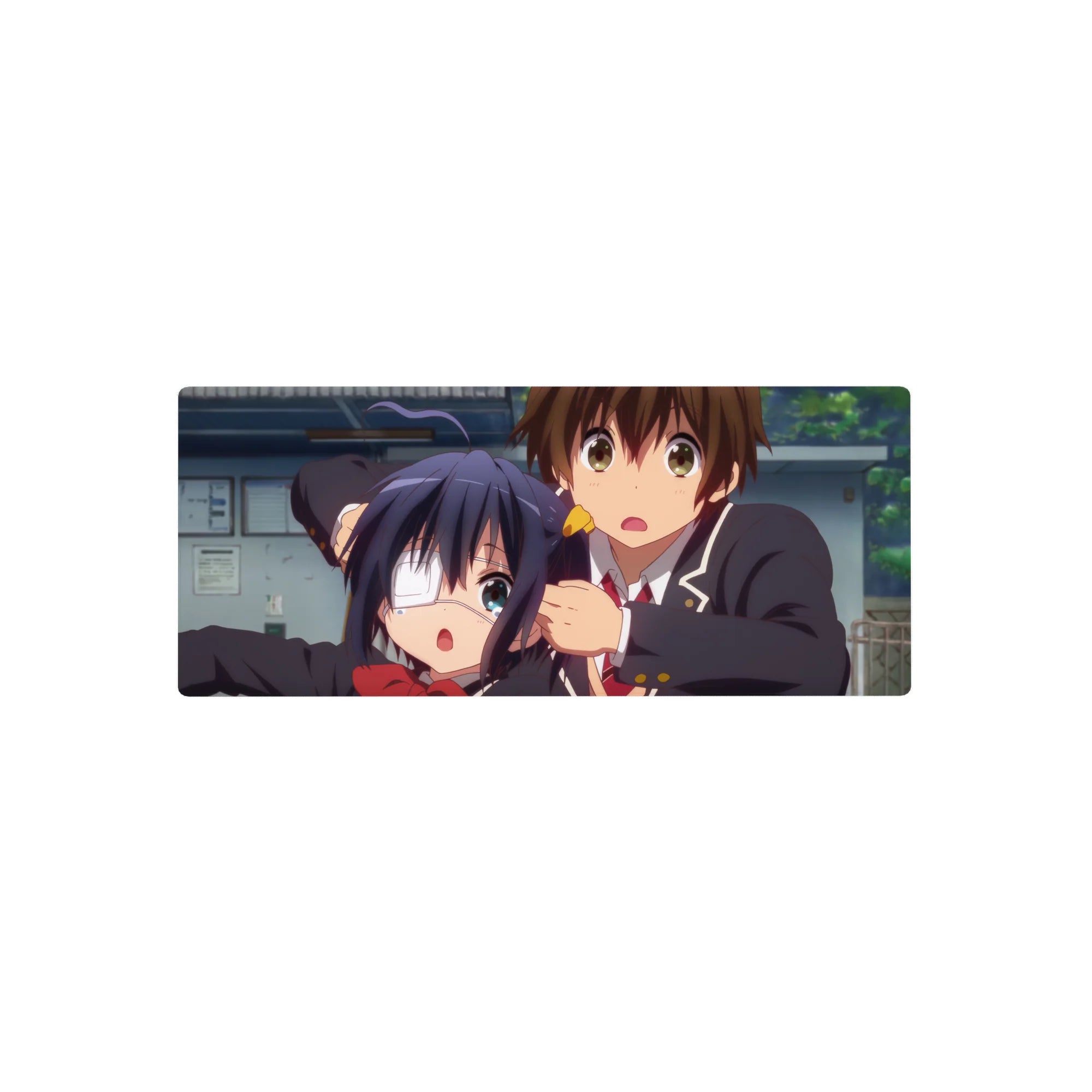 28x12 inches anime mouse pad with two uniformed students, red bow, eyepatch girl, campus backdrop.