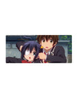 28x12 inches anime mouse pad with two uniformed students, red bow, eyepatch girl, campus backdrop.