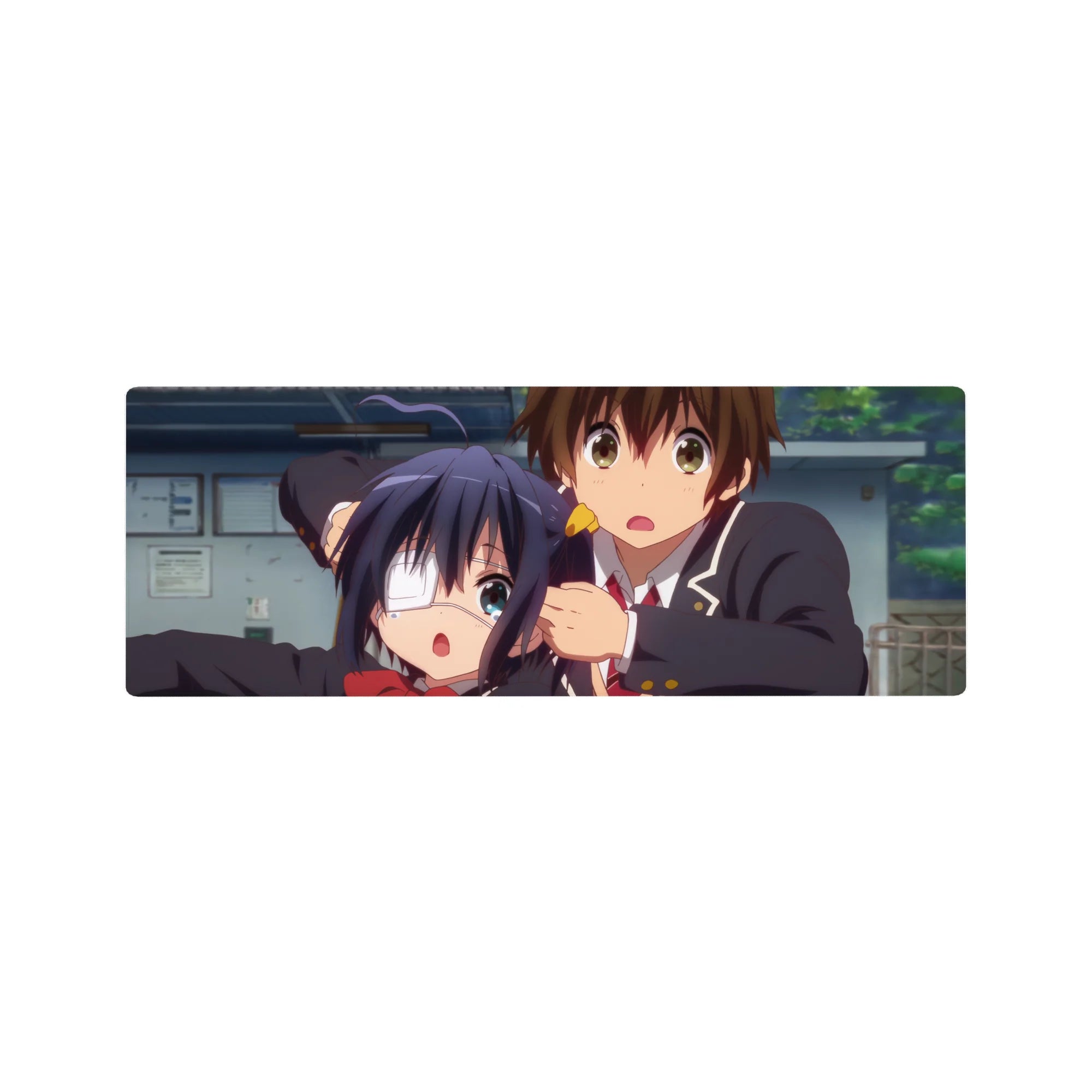 32x12 inches anime mouse pad with two uniformed students, red bow, eyepatch girl, cozy campus scene.