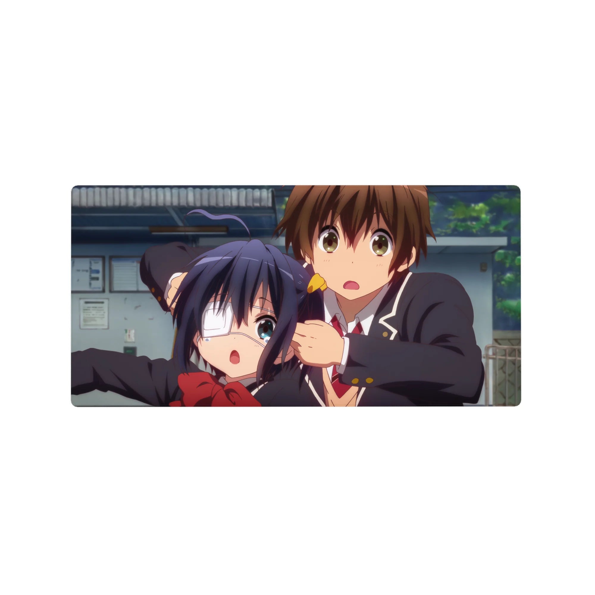 32x16 inches anime mouse pad with two school uniform students, red bow, eyepatch, cozy campus backdrop.