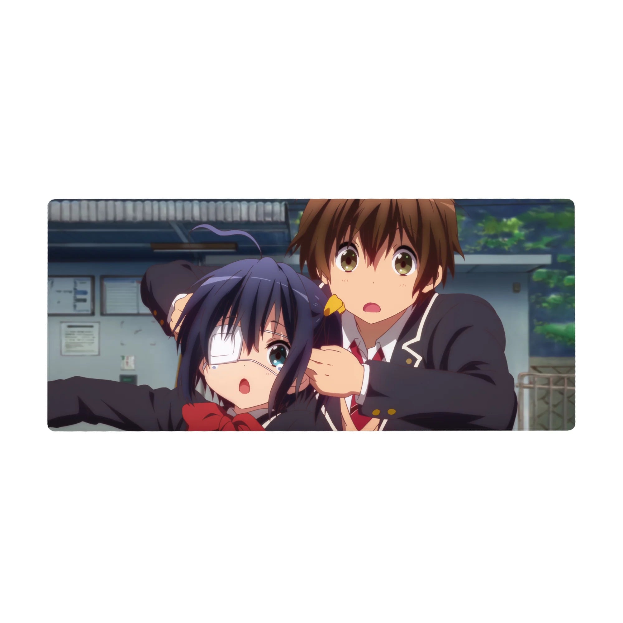 Anime schoolyard rush desk pad 36x16 inches with two uniformed students, red bow, eyepatch, campus scene.