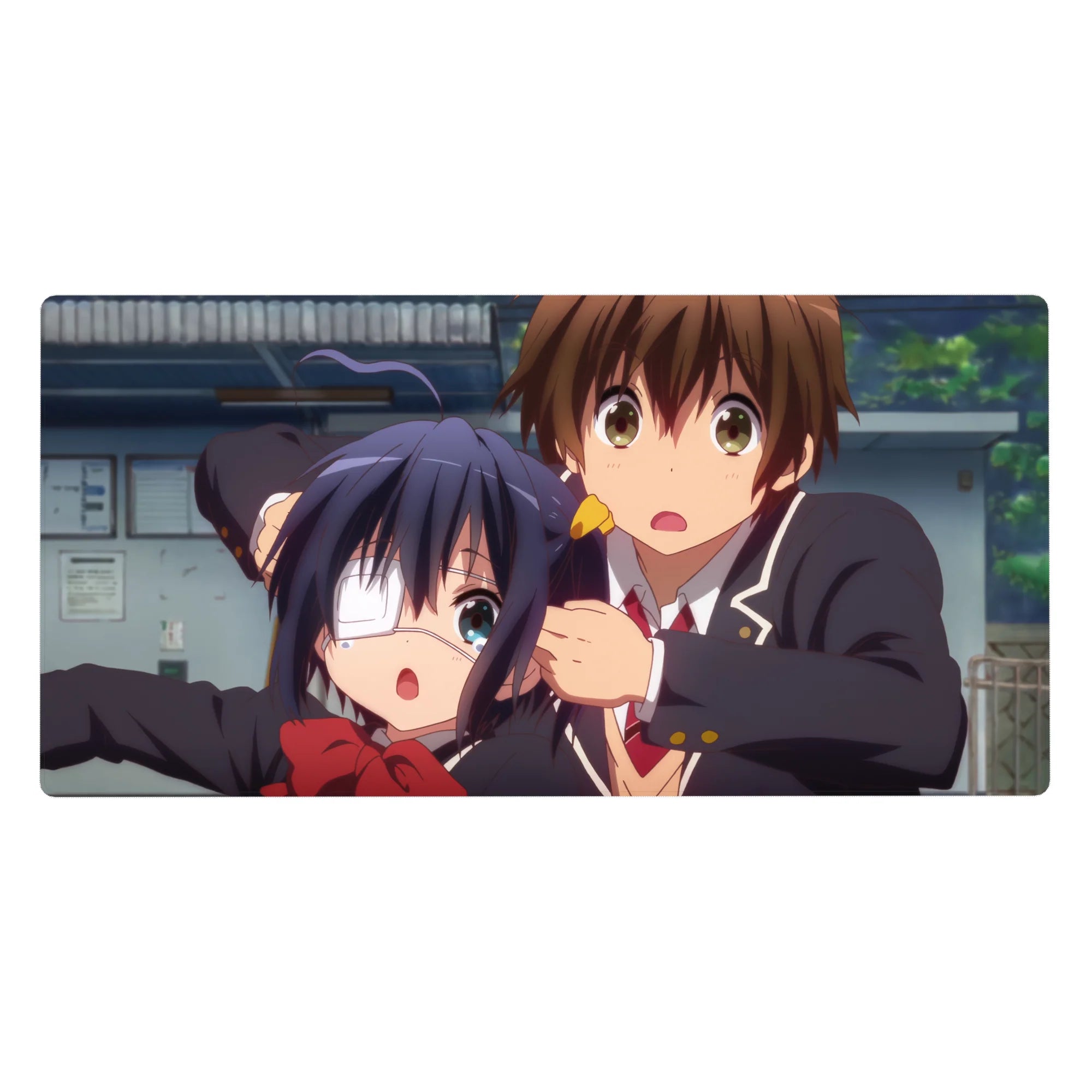 40x20 inches anime desk pad with schoolyard rush scene, two students in black uniforms on campus.