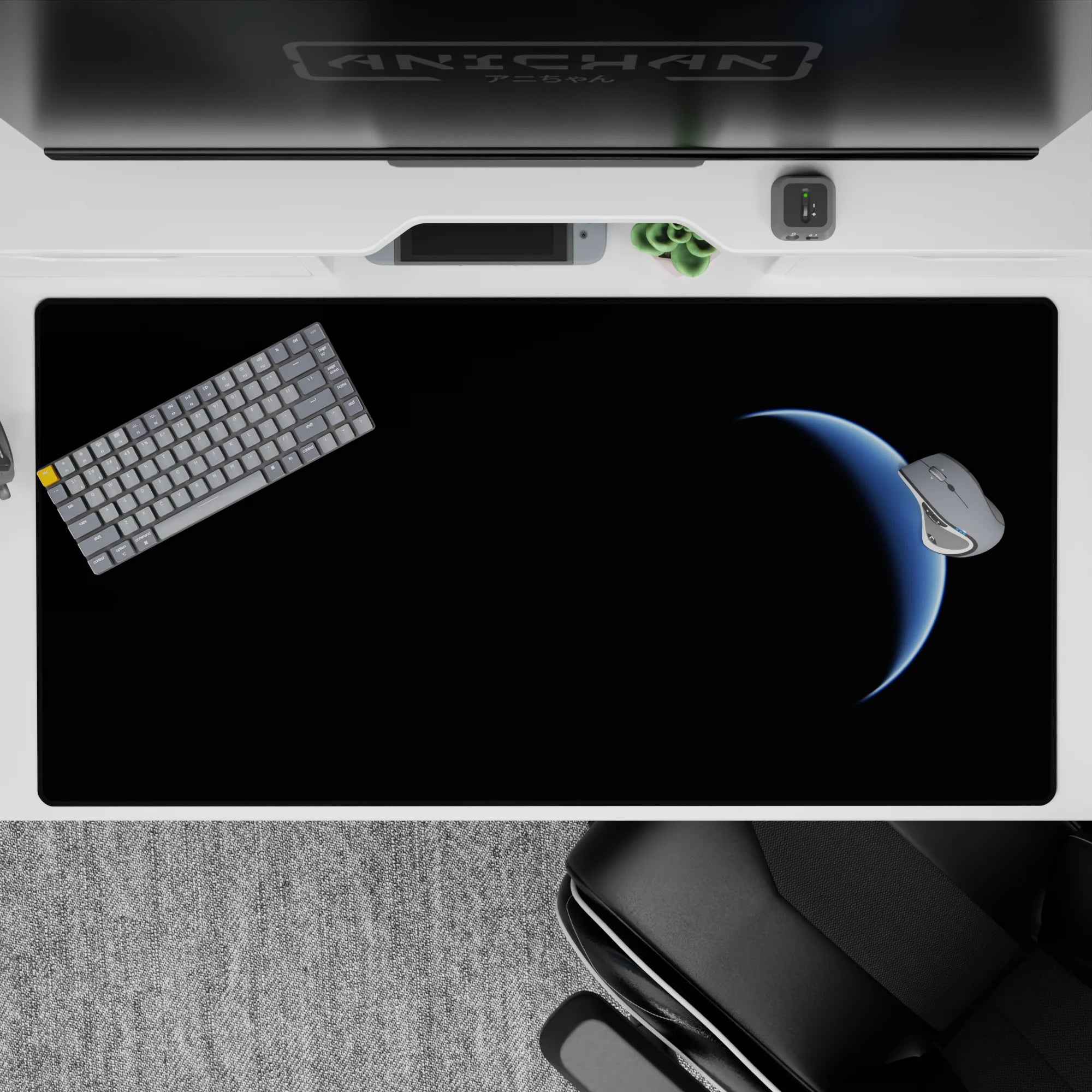 Deep black 40x20 inches desk pad with cool blue moonlight vibe, calm dreamy mood for work or gaming.