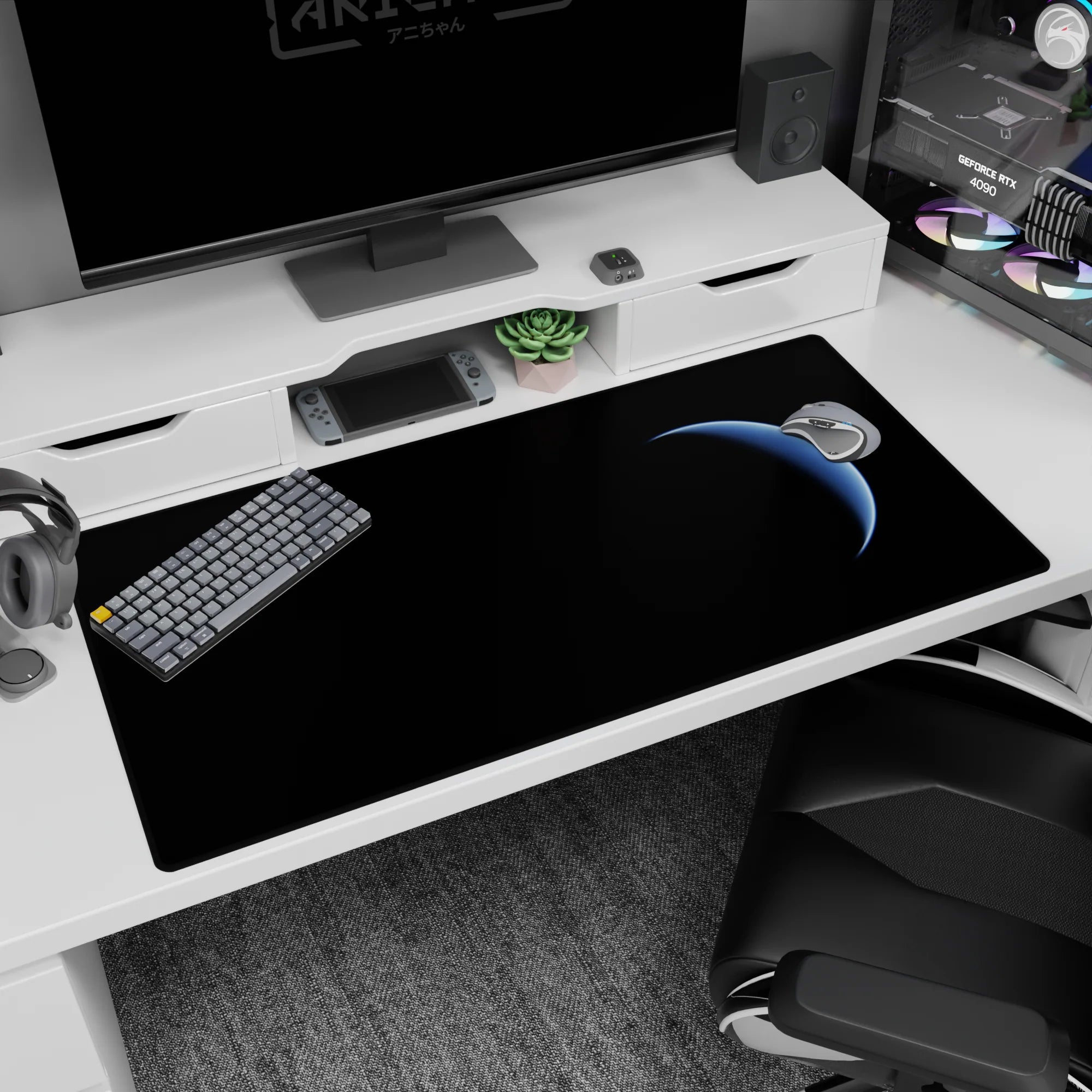 Blue crescent moon on a dark sky desk pad 40x20 inches, minimalist night scene with icy glow.