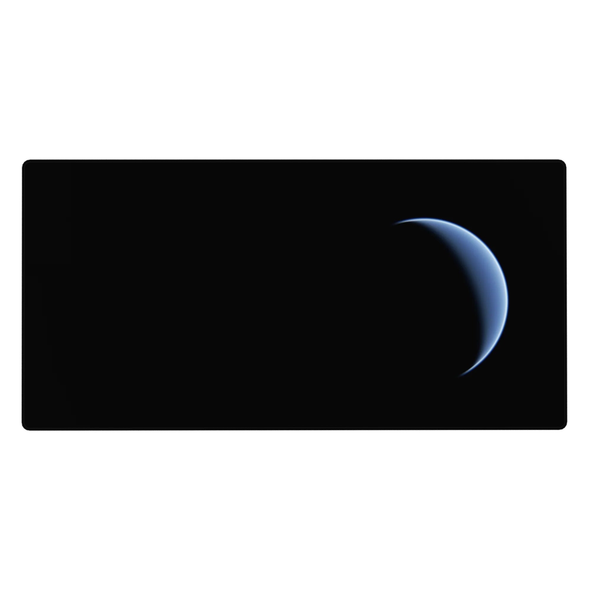 Modern black night desk pad 40x20 inches with smooth gradient space design and blue crescent glow.