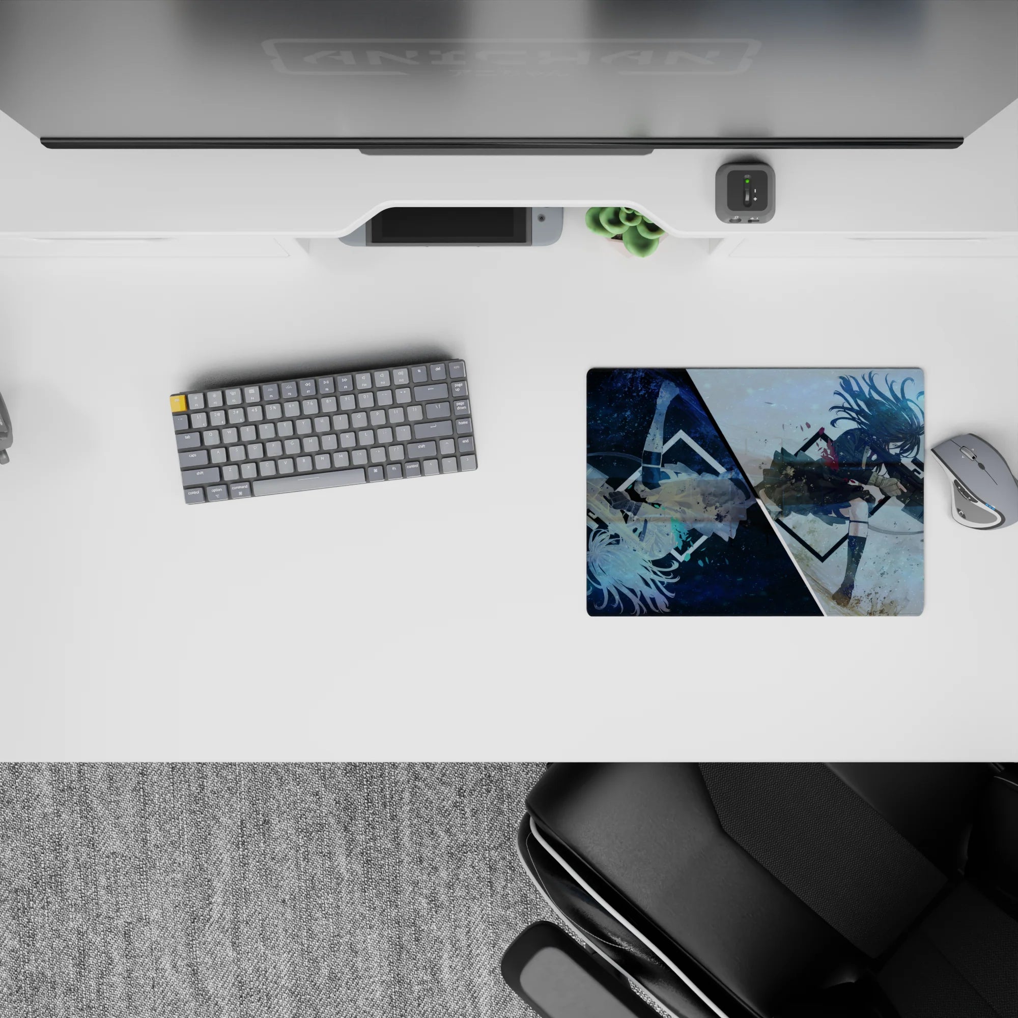 Galaxy-blue and stormy white anime girl mouse pad 14x10 inches, fast cinematic vibe, cute but dangerous.