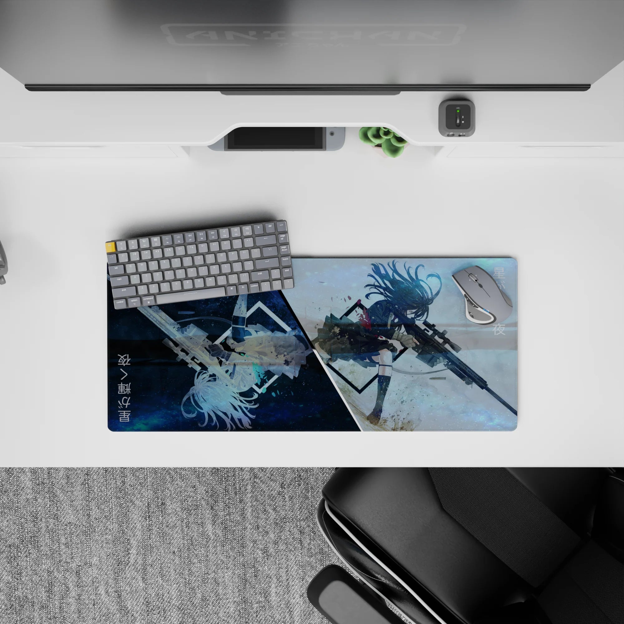 28x12 inches anime desk mat in cool galaxy blue and stormy white haze, fast cinematic vibe, smooth tracking.