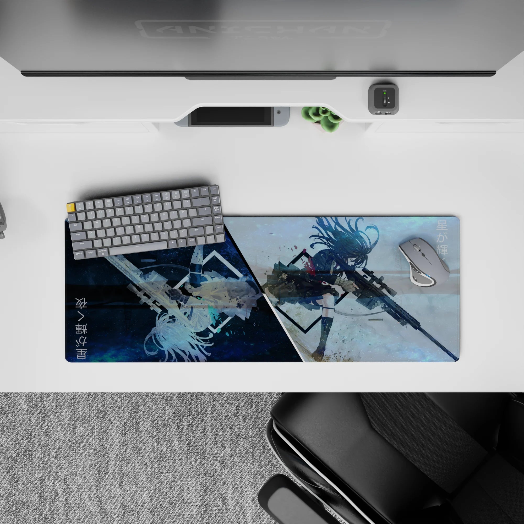 32x12 inches anime desk mouse pad in cool galaxy blue and pale stormy haze, fast cinematic vibe.