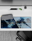 32x12 inches anime desk mouse pad in cool galaxy blue and pale stormy haze, fast cinematic vibe.